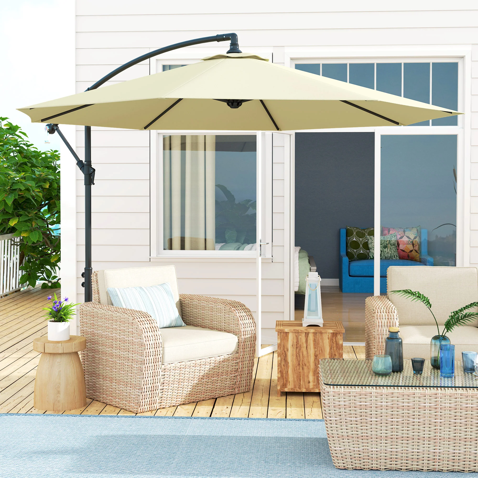 10' Deluxe Patio Umbrella, Outdoor Market Parasol, Banana Hanging Offset Sunshade with Crank, Cross Base, Beige - Image 3