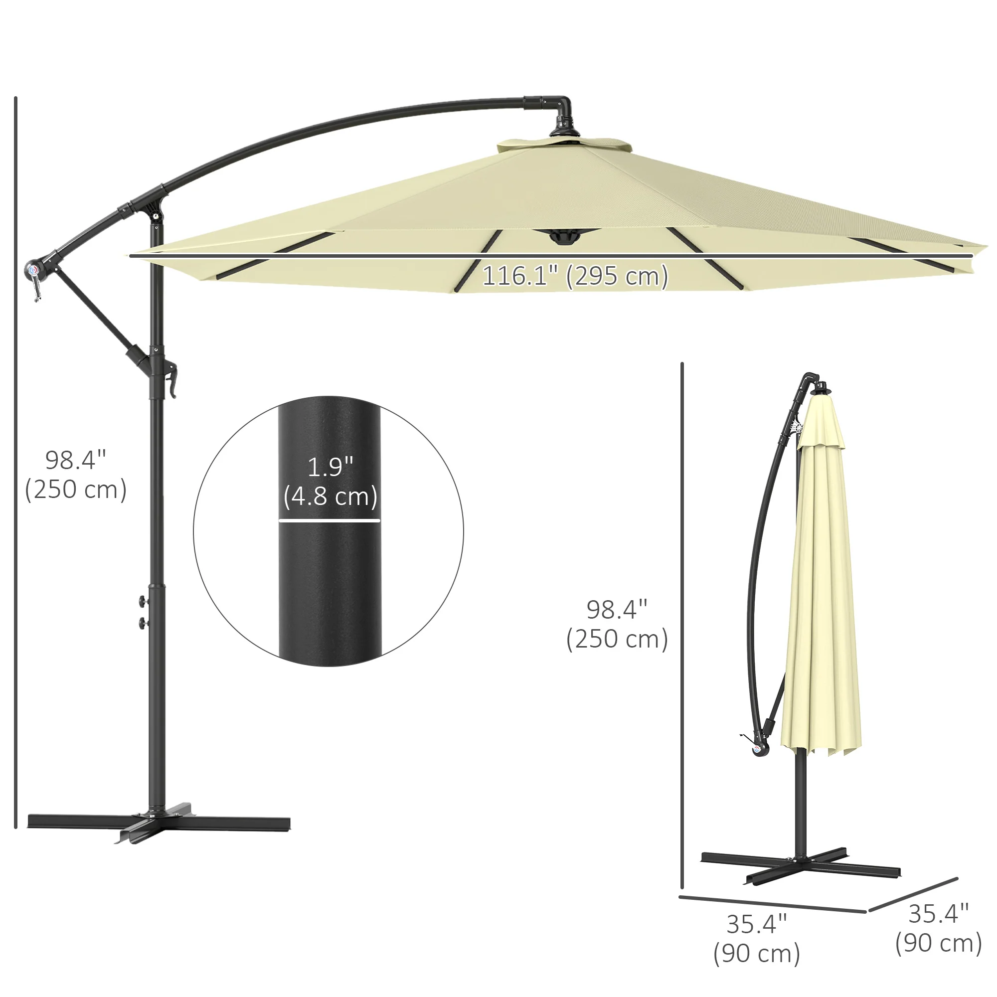 10' Deluxe Patio Umbrella, Outdoor Market Parasol, Banana Hanging Offset Sunshade with Crank, Cross Base, Beige - Image 5