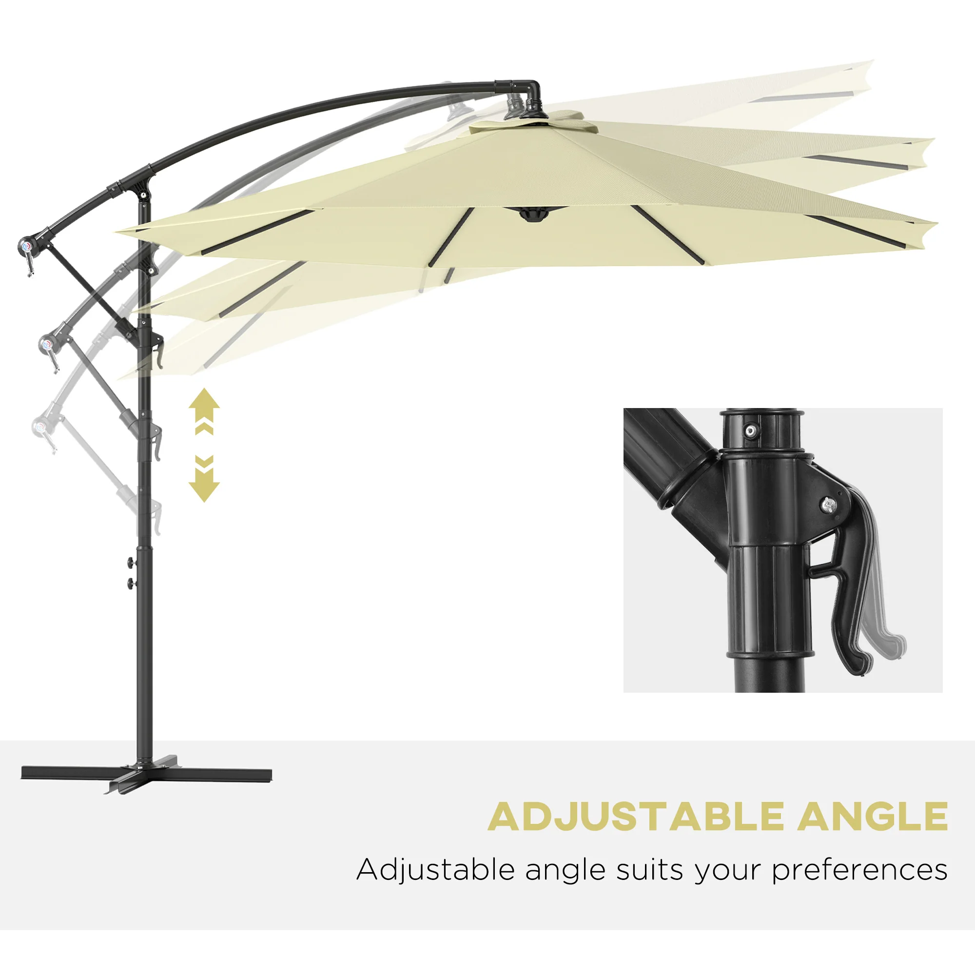 10' Deluxe Patio Umbrella, Outdoor Market Parasol, Banana Hanging Offset Sunshade with Crank, Cross Base, Beige - Image 7