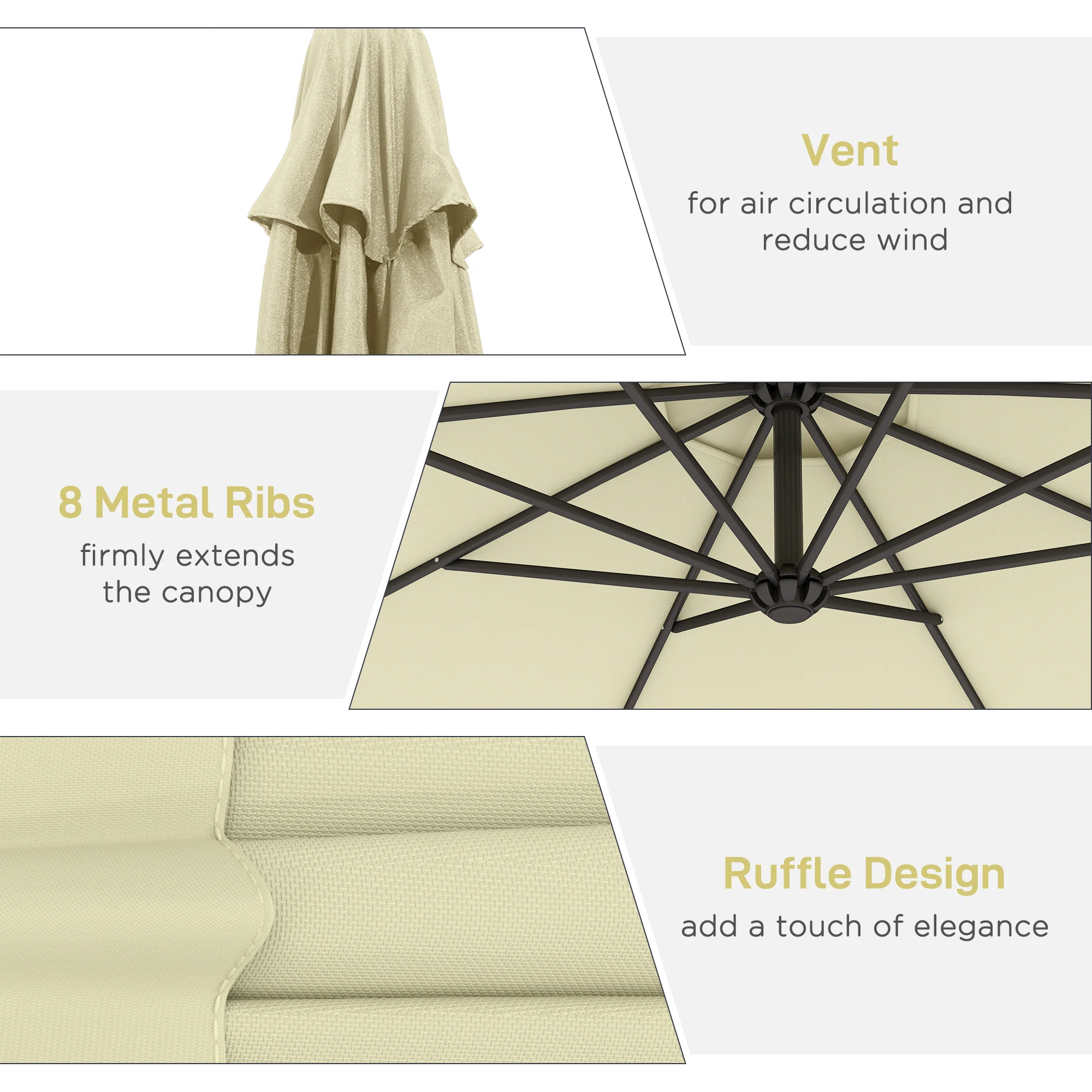 10' Deluxe Patio Umbrella, Outdoor Market Parasol, Banana Hanging Offset Sunshade with Crank, Cross Base, Beige - Image 8