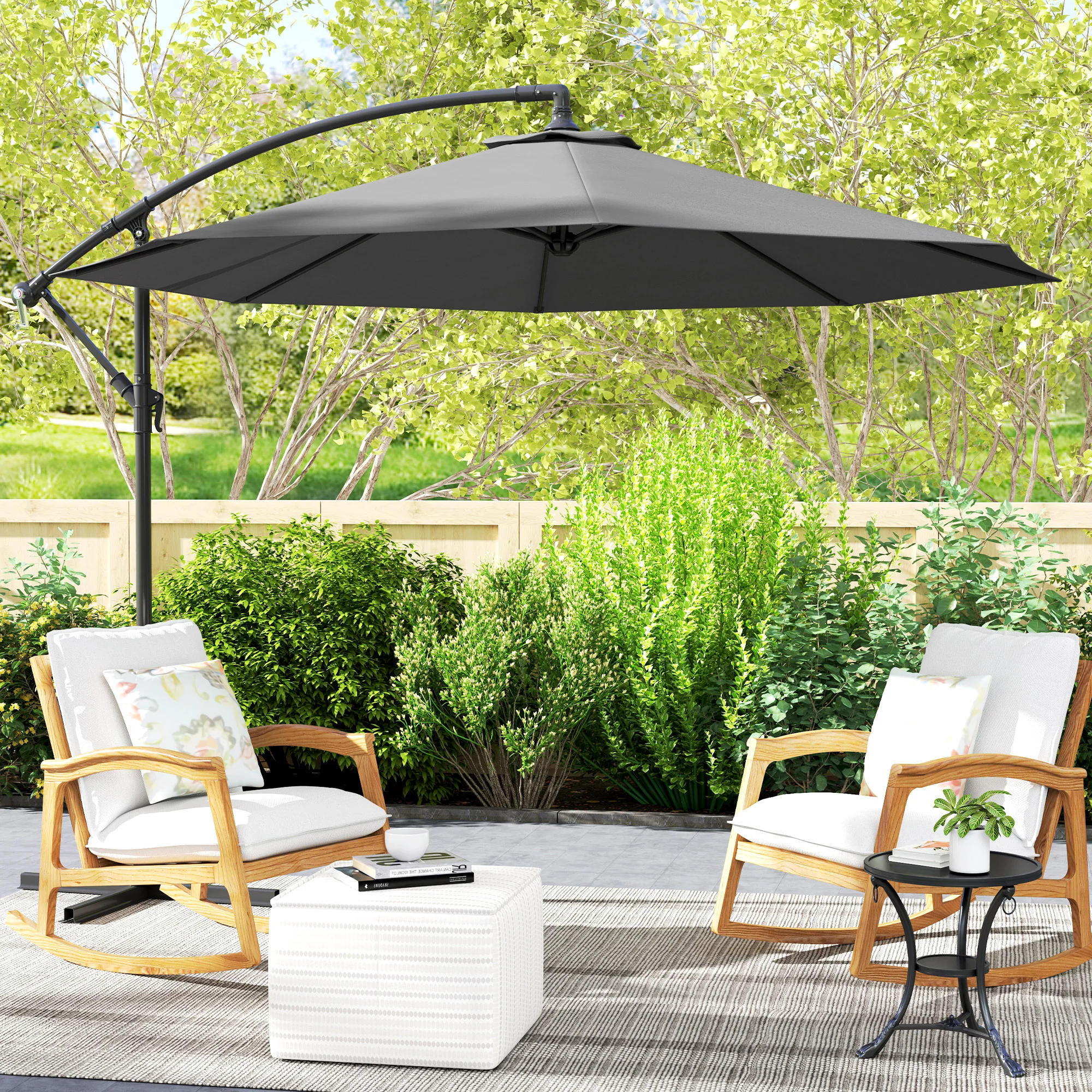 10' Deluxe Patio Umbrella, Outdoor Market Parasol, Banana Hanging Offset Sunshade with Crank, Cross Base, Grey - Image 4