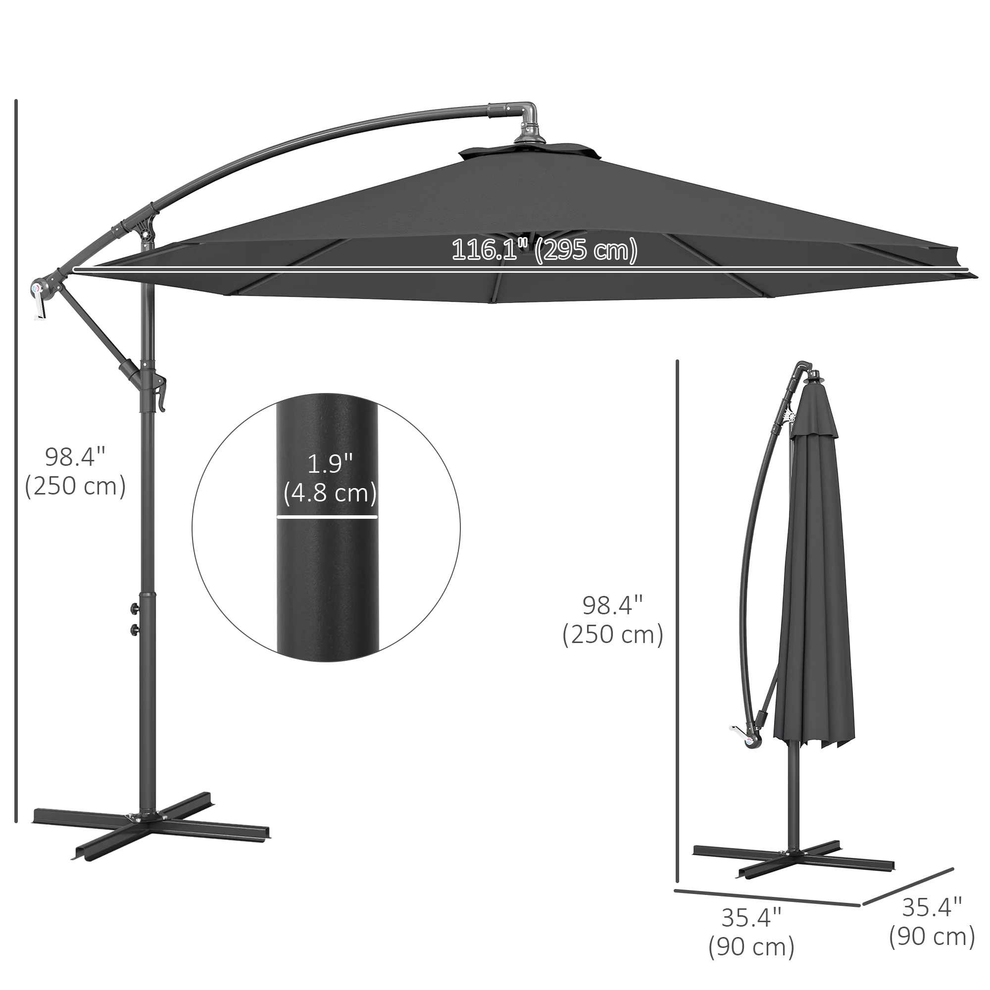 10' Deluxe Patio Umbrella, Outdoor Market Parasol, Banana Hanging Offset Sunshade with Crank, Cross Base, Grey - Image 5
