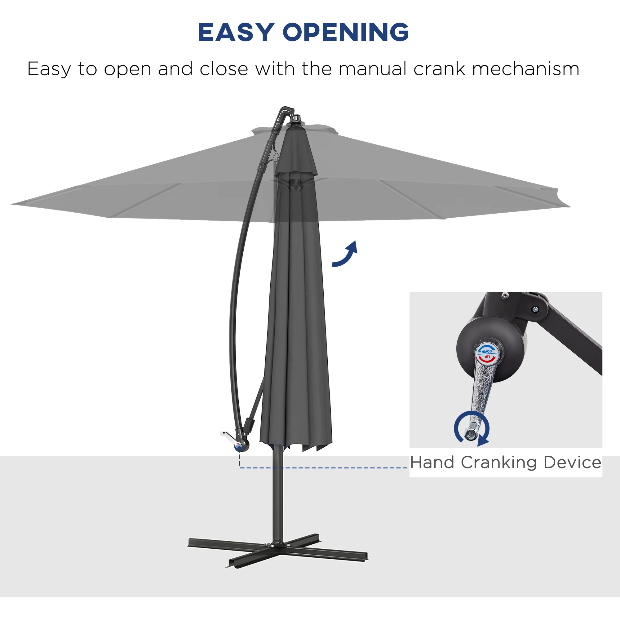 10' Deluxe Patio Umbrella, Outdoor Market Parasol, Banana Hanging Offset Sunshade with Crank, Cross Base, Grey - Image 6