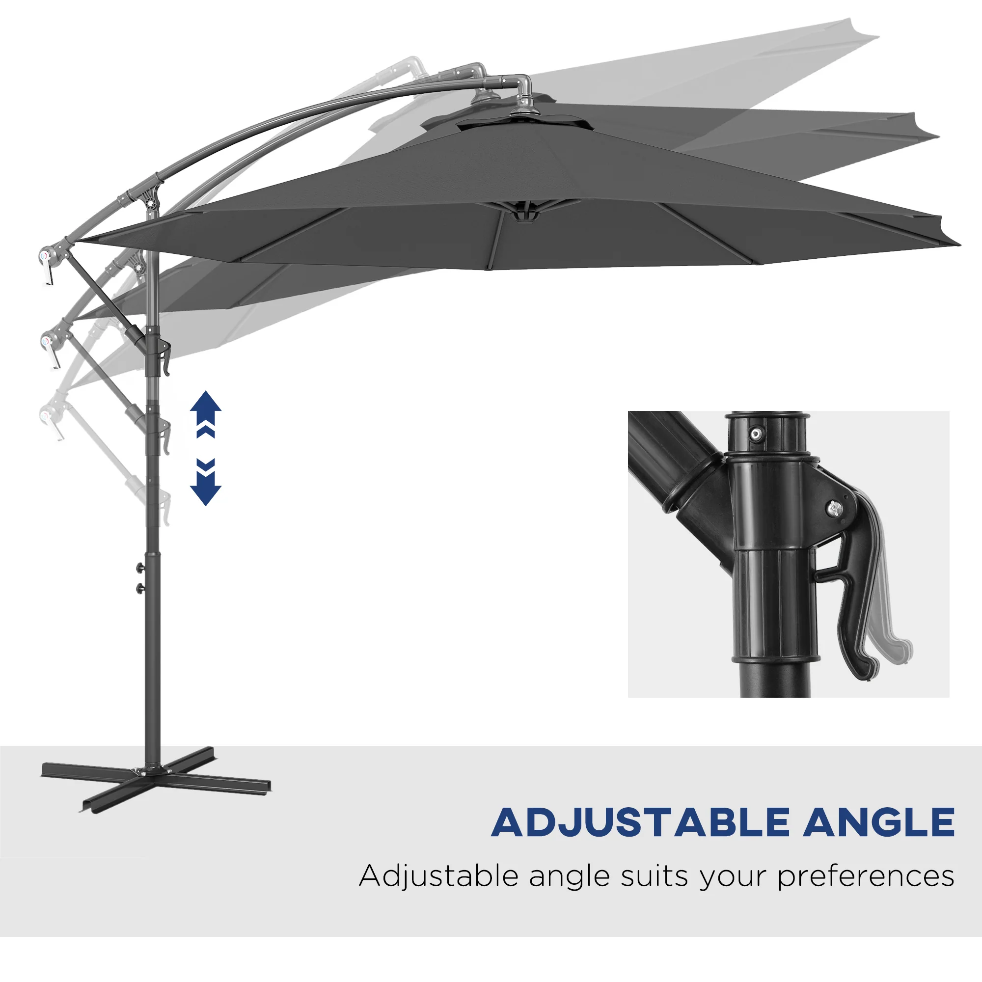 10' Deluxe Patio Umbrella, Outdoor Market Parasol, Banana Hanging Offset Sunshade with Crank, Cross Base, Grey - Image 7