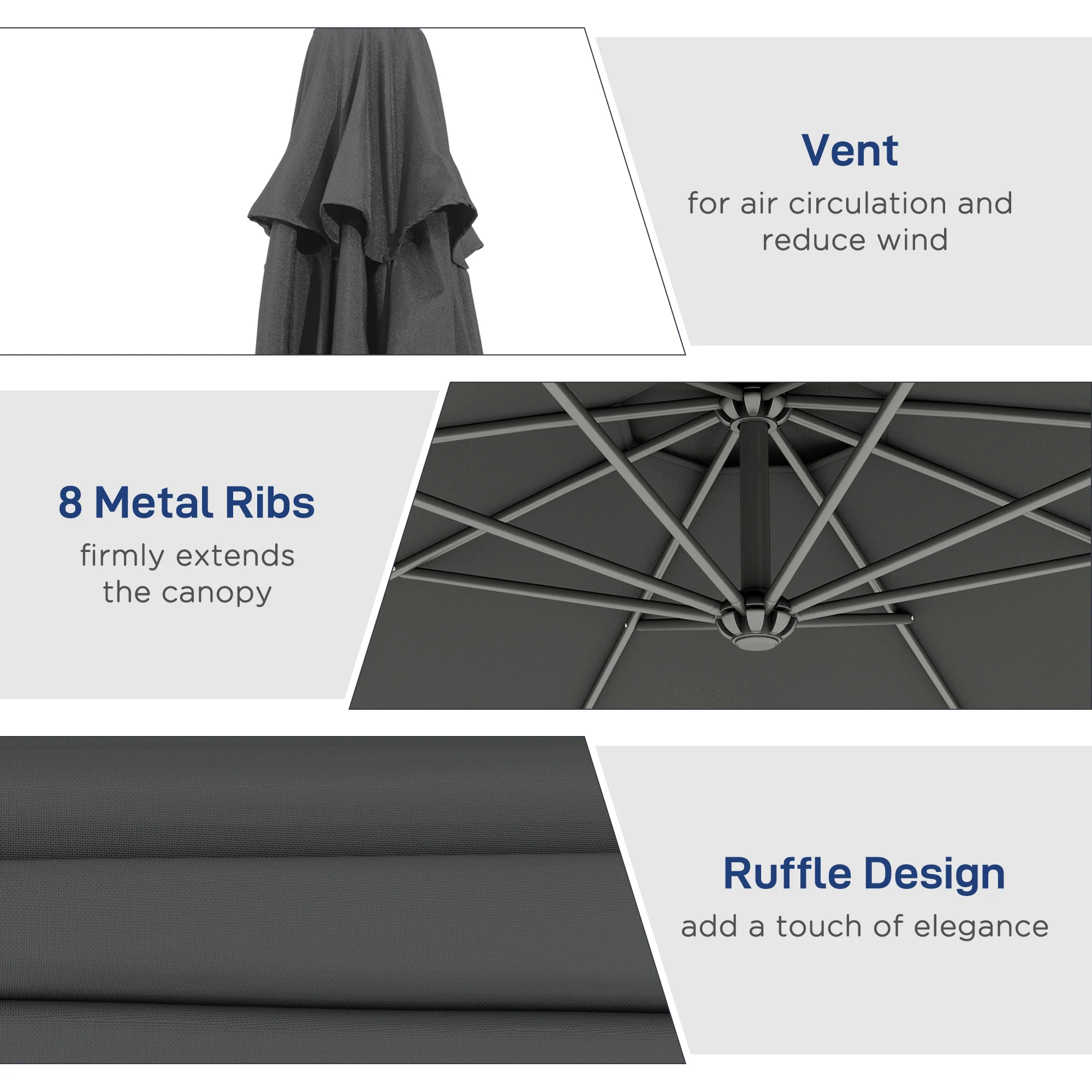 10' Deluxe Patio Umbrella, Outdoor Market Parasol, Banana Hanging Offset Sunshade with Crank, Cross Base, Grey - Image 8