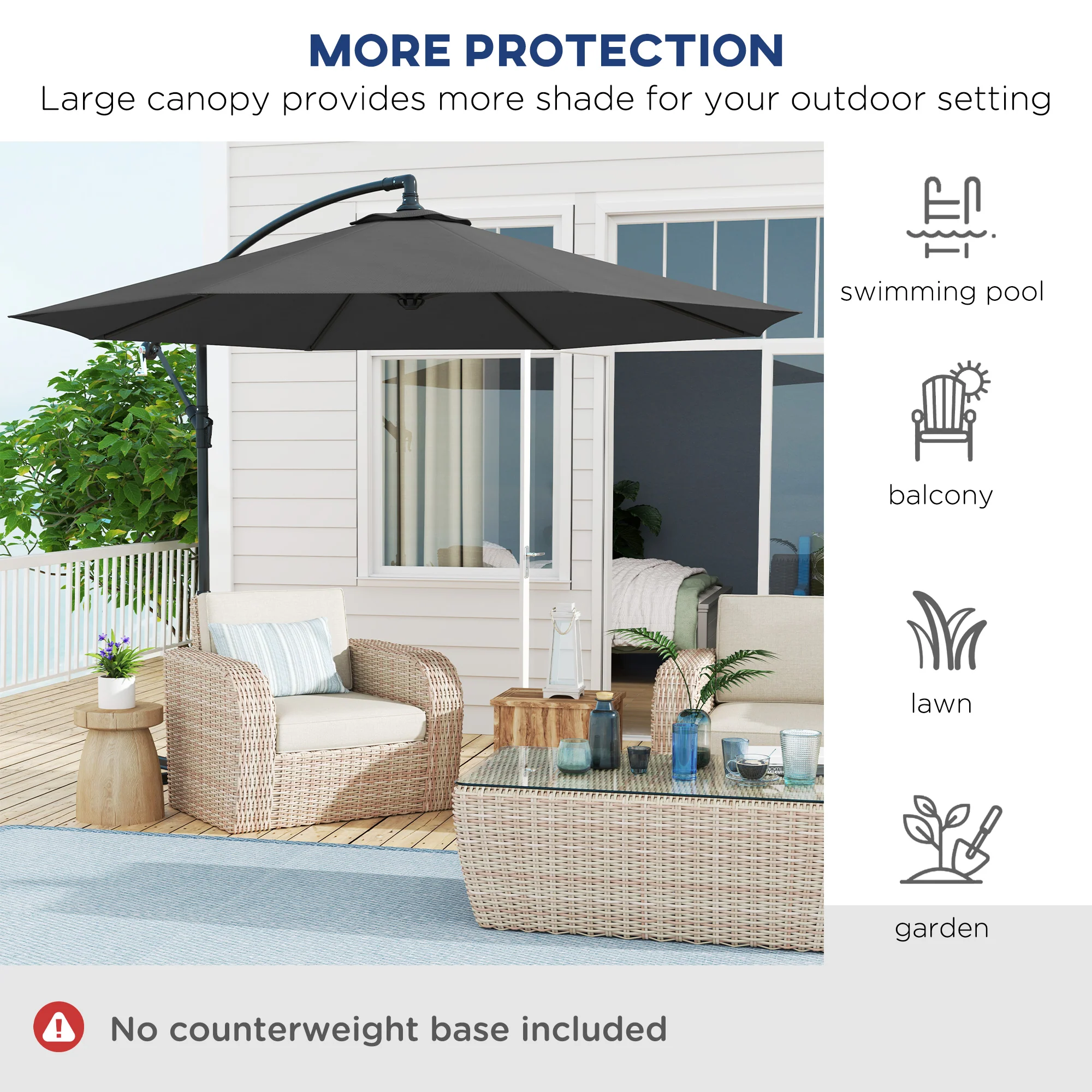 10' Deluxe Patio Umbrella, Outdoor Market Parasol, Banana Hanging Offset Sunshade with Crank, Cross Base, Grey - Image 9