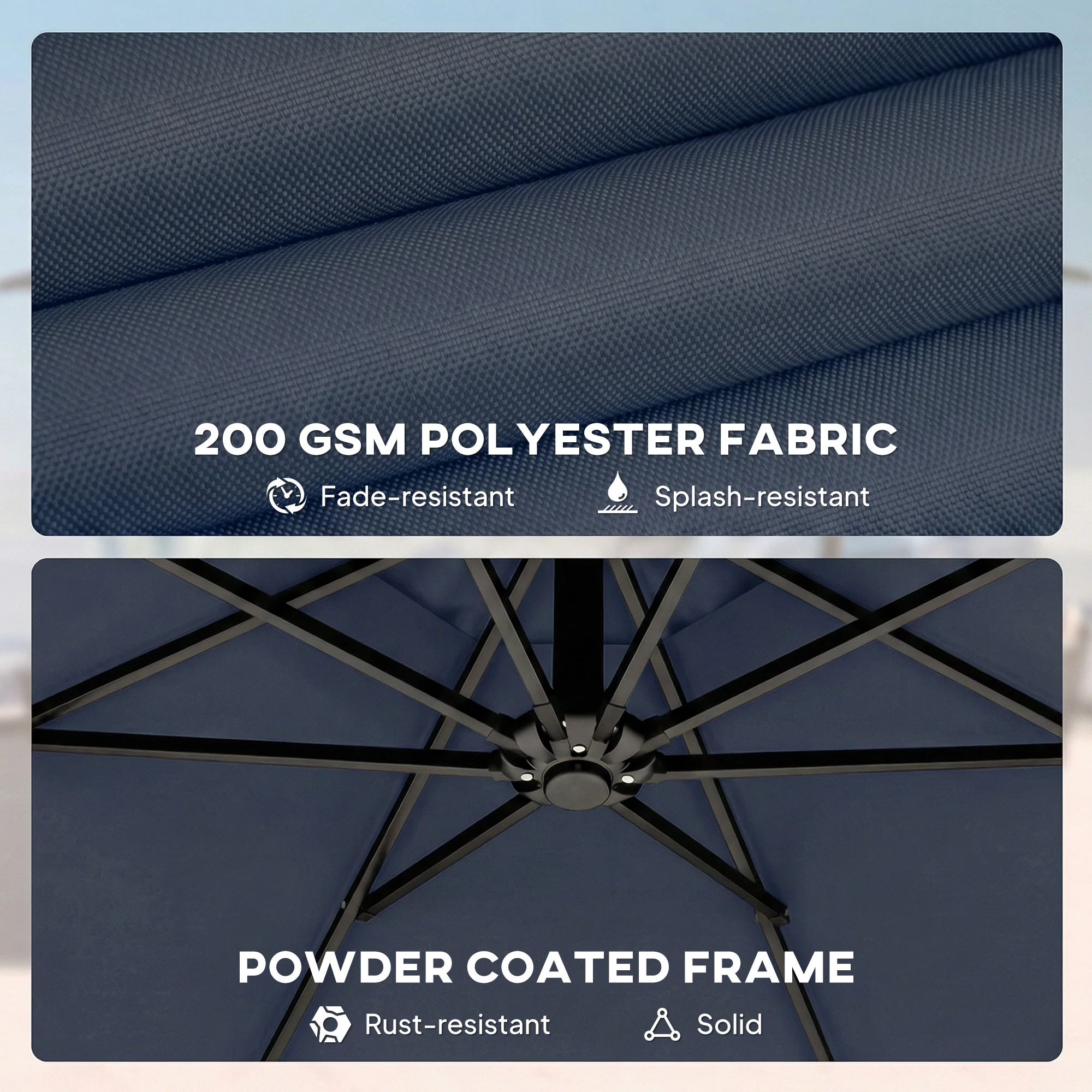 10 ft Offset Patio Umbrella with Cover, Round Hanging Cantilever Umbrella with 6-Position 360° Rotation, Crank Handle, Tilt, Cross Base, Heavy Duty Outdoor Umbrella for Garden, Navy Blue - Image 10