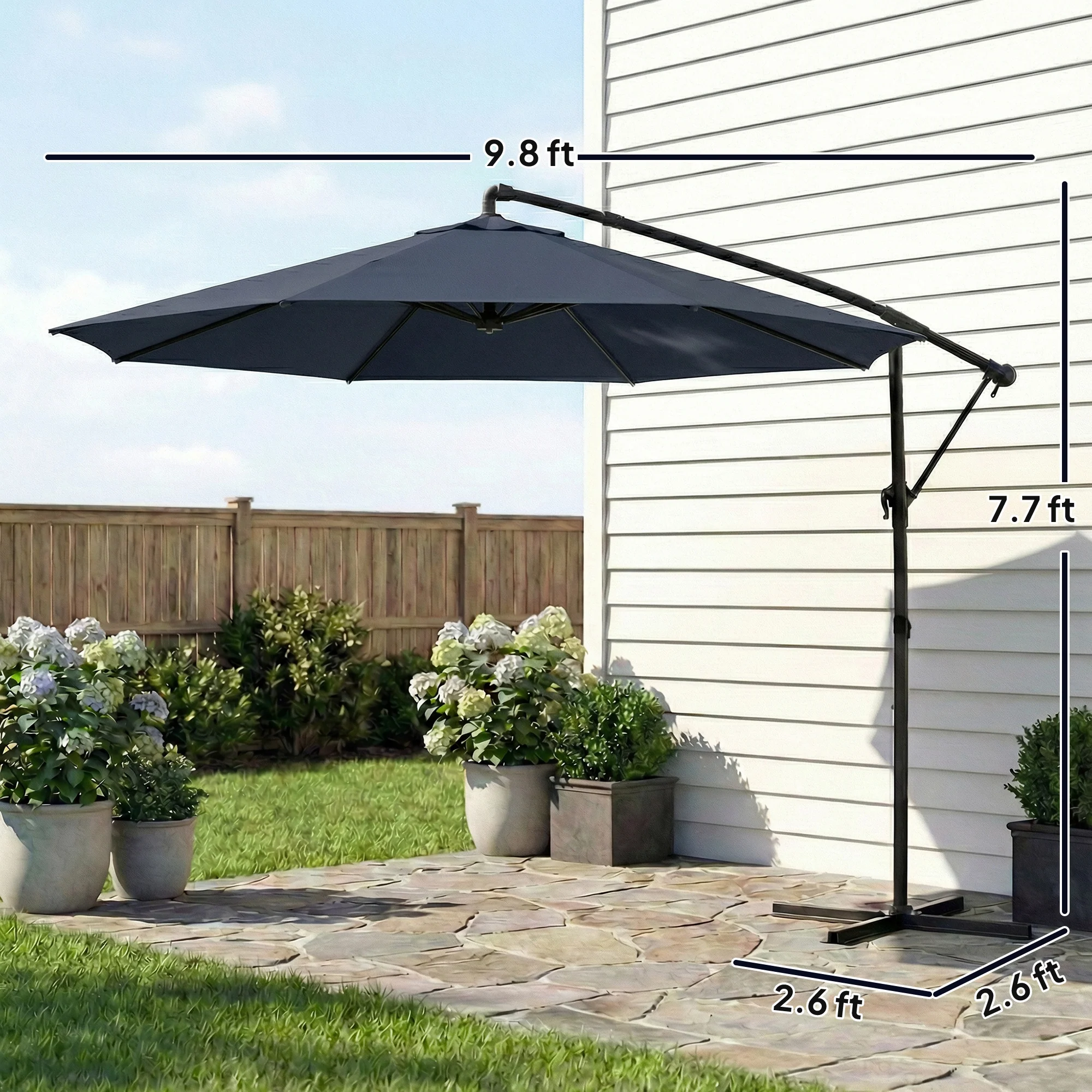 10 ft Offset Patio Umbrella with Cover, Round Hanging Cantilever Umbrella with 6-Position 360° Rotation, Crank Handle, Tilt, Cross Base, Heavy Duty Outdoor Umbrella for Garden, Navy Blue - Image 5