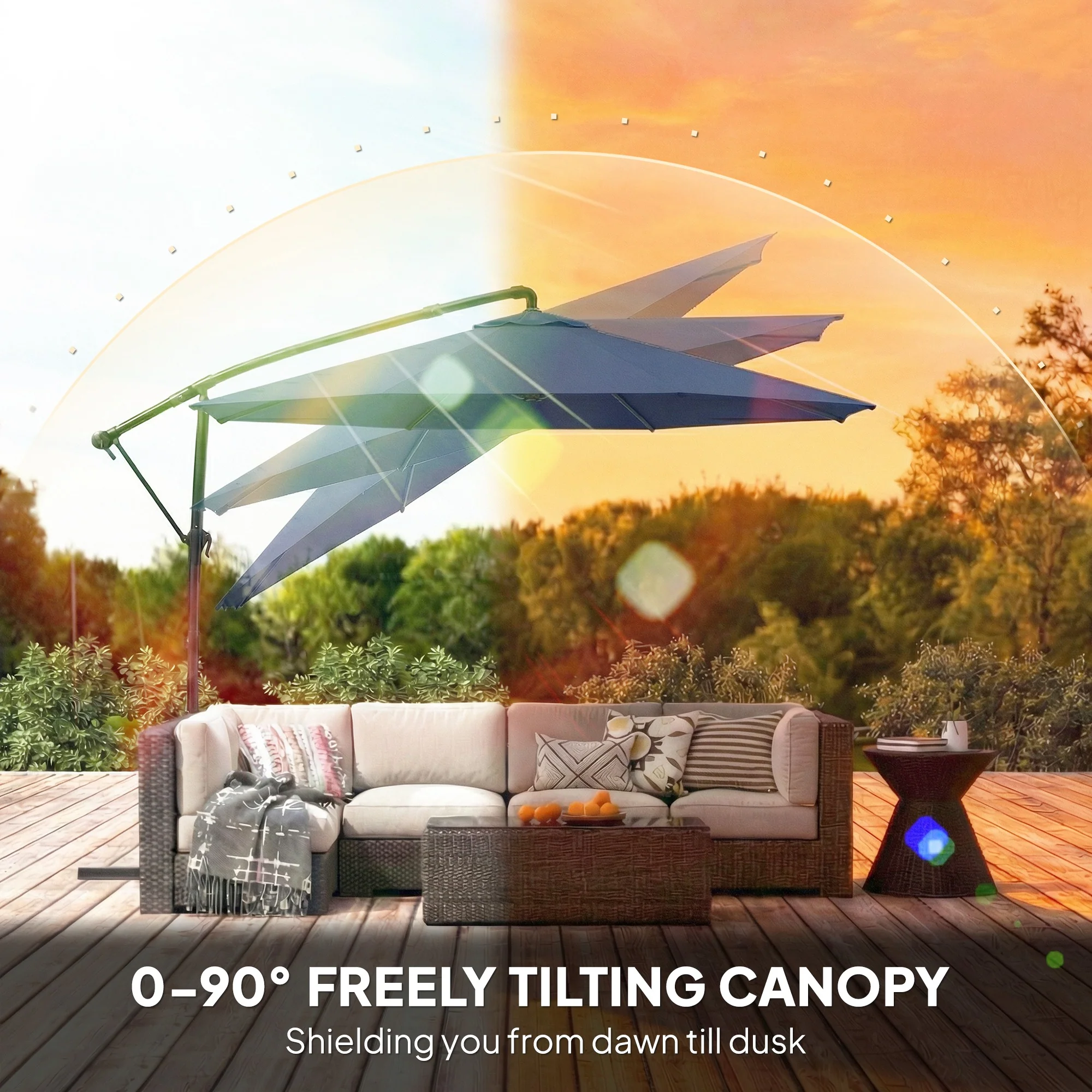 10 ft Offset Patio Umbrella with Cover, Round Hanging Cantilever Umbrella with 6-Position 360° Rotation, Crank Handle, Tilt, Cross Base, Heavy Duty Outdoor Umbrella for Garden, Navy Blue - Image 7