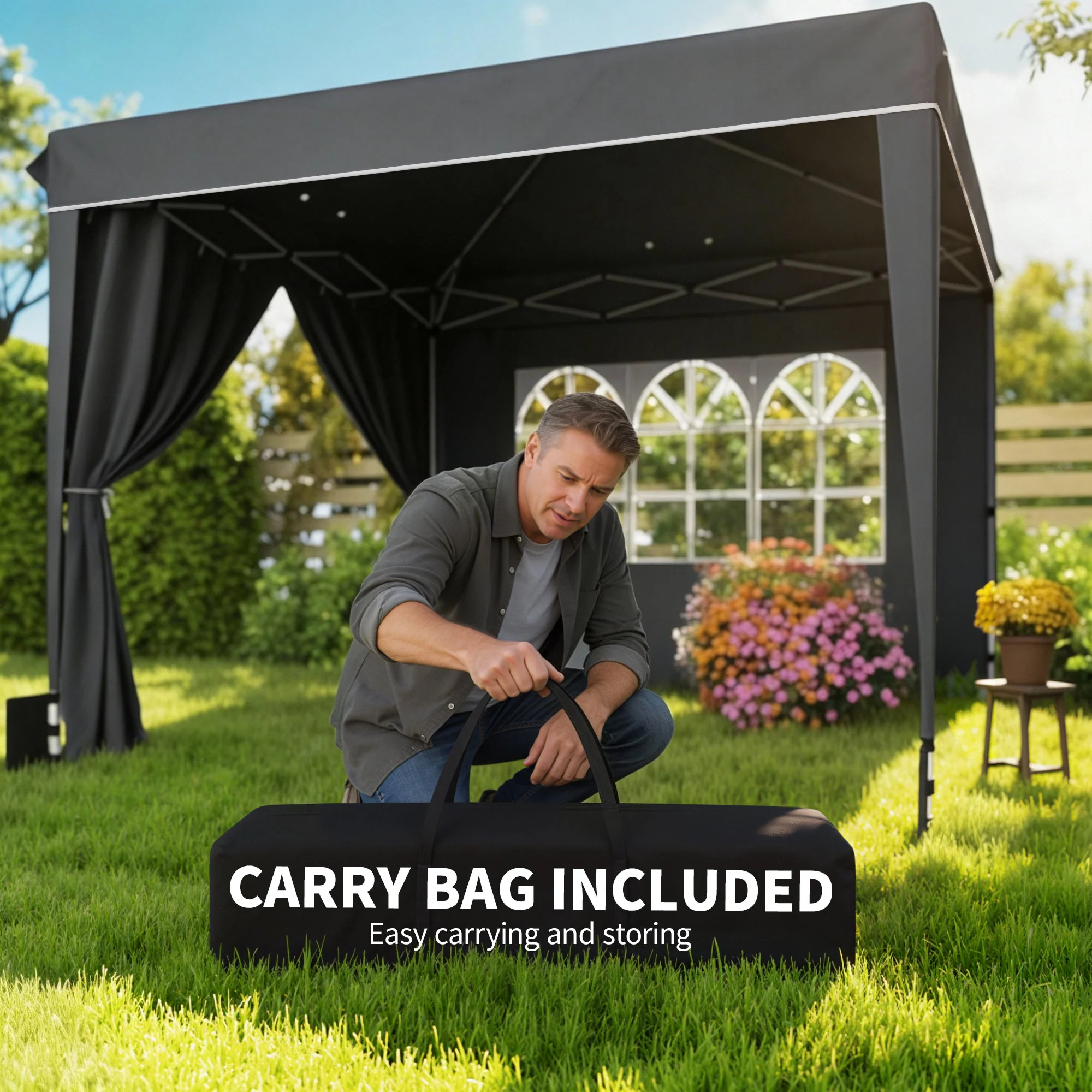 10 x 10 ft Pop Up Canopy Tent with Carry Bag, Sandbags, Adjustable Height for Parties, Events, Camping, UPF50+, Black - Image 11