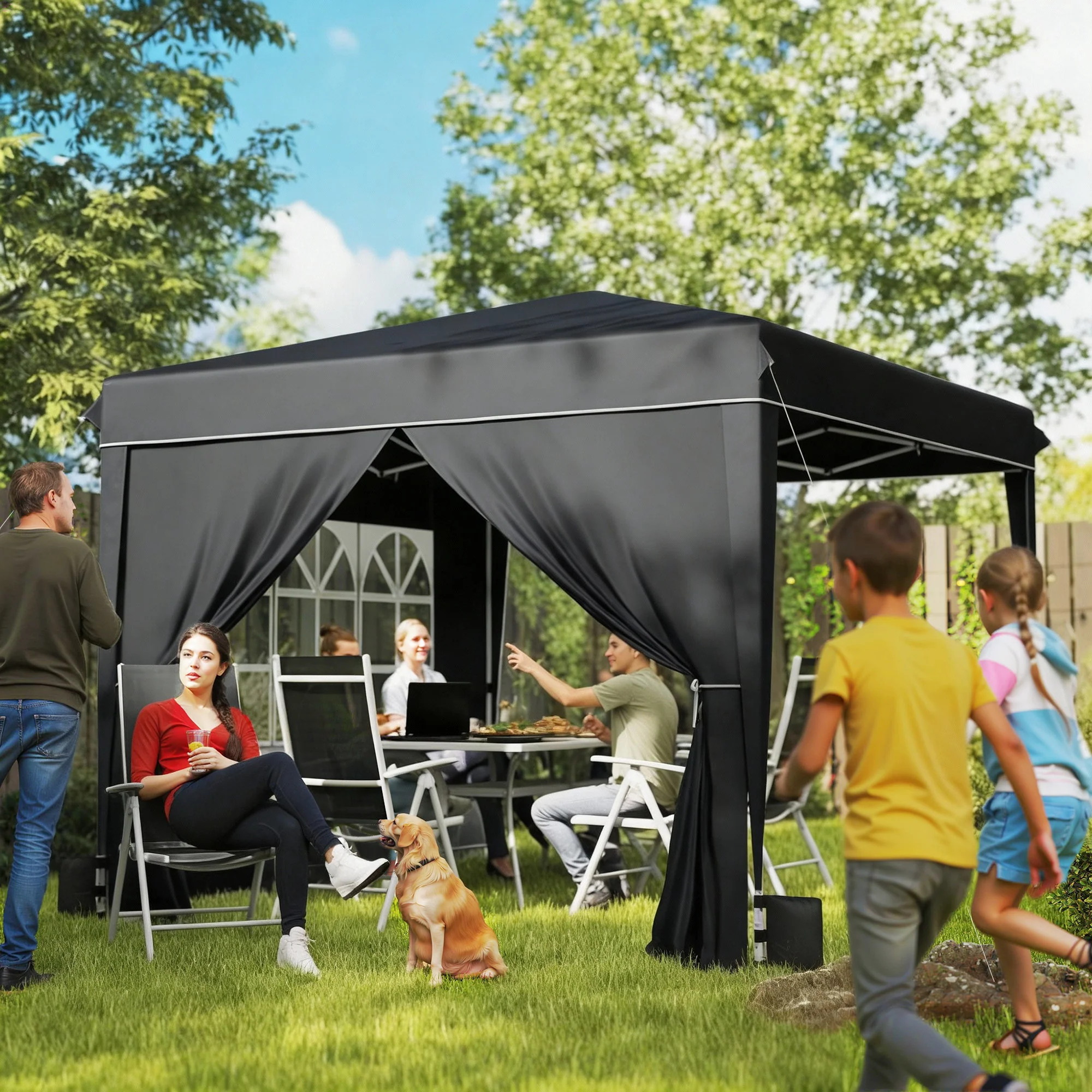 10 x 10 ft Pop Up Canopy Tent with Carry Bag, Sandbags, Adjustable Height for Parties, Events, Camping, UPF50+, Black - Image 3
