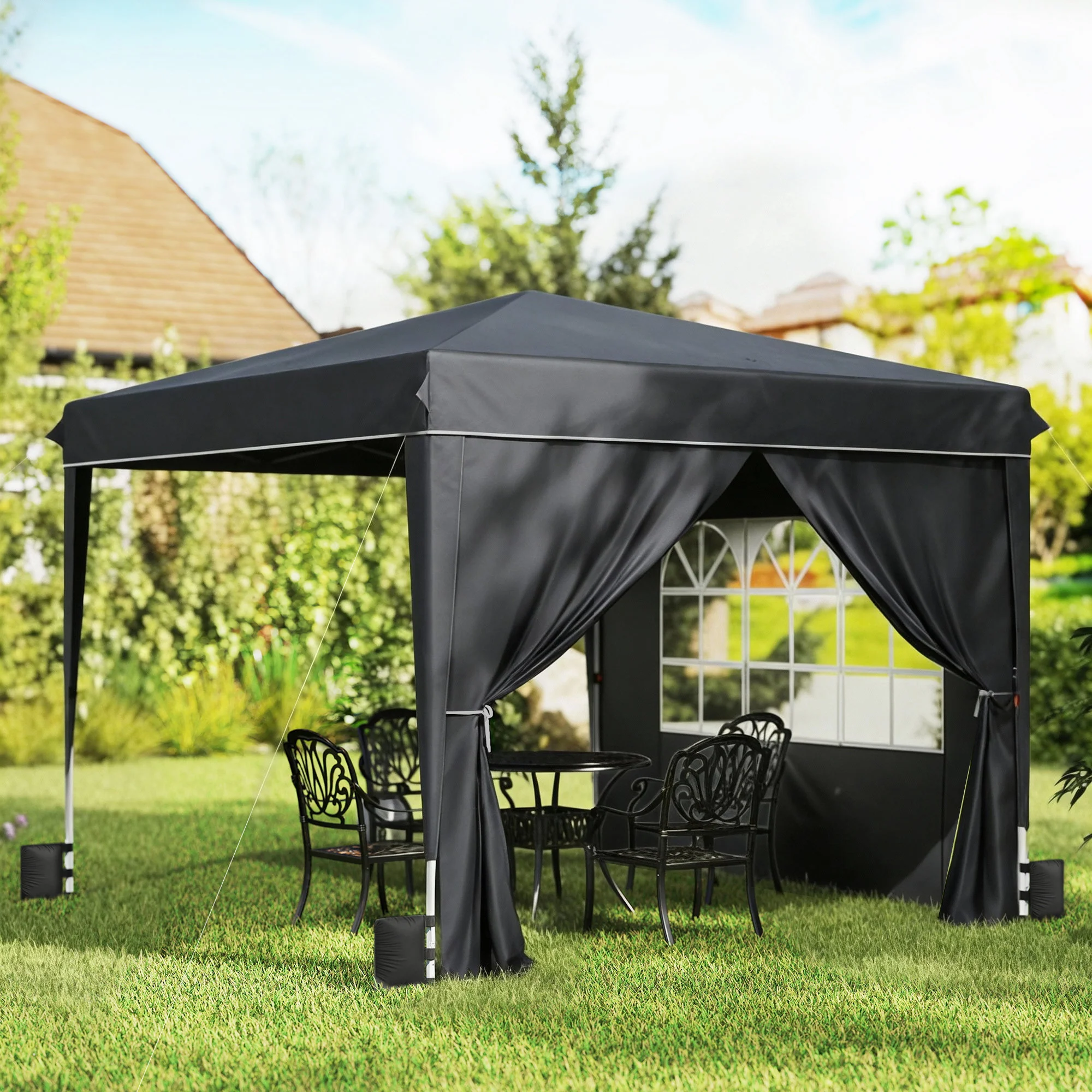 10 x 10 ft Pop Up Canopy Tent with Carry Bag, Sandbags, Adjustable Height for Parties, Events, Camping, UPF50+, Black - Image 4