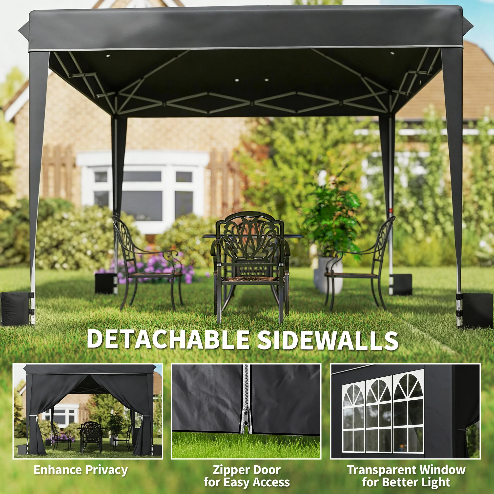 10 x 10 ft Pop Up Canopy Tent with Carry Bag, Sandbags, Adjustable Height for Parties, Events, Camping, UPF50+, Black - Image 7