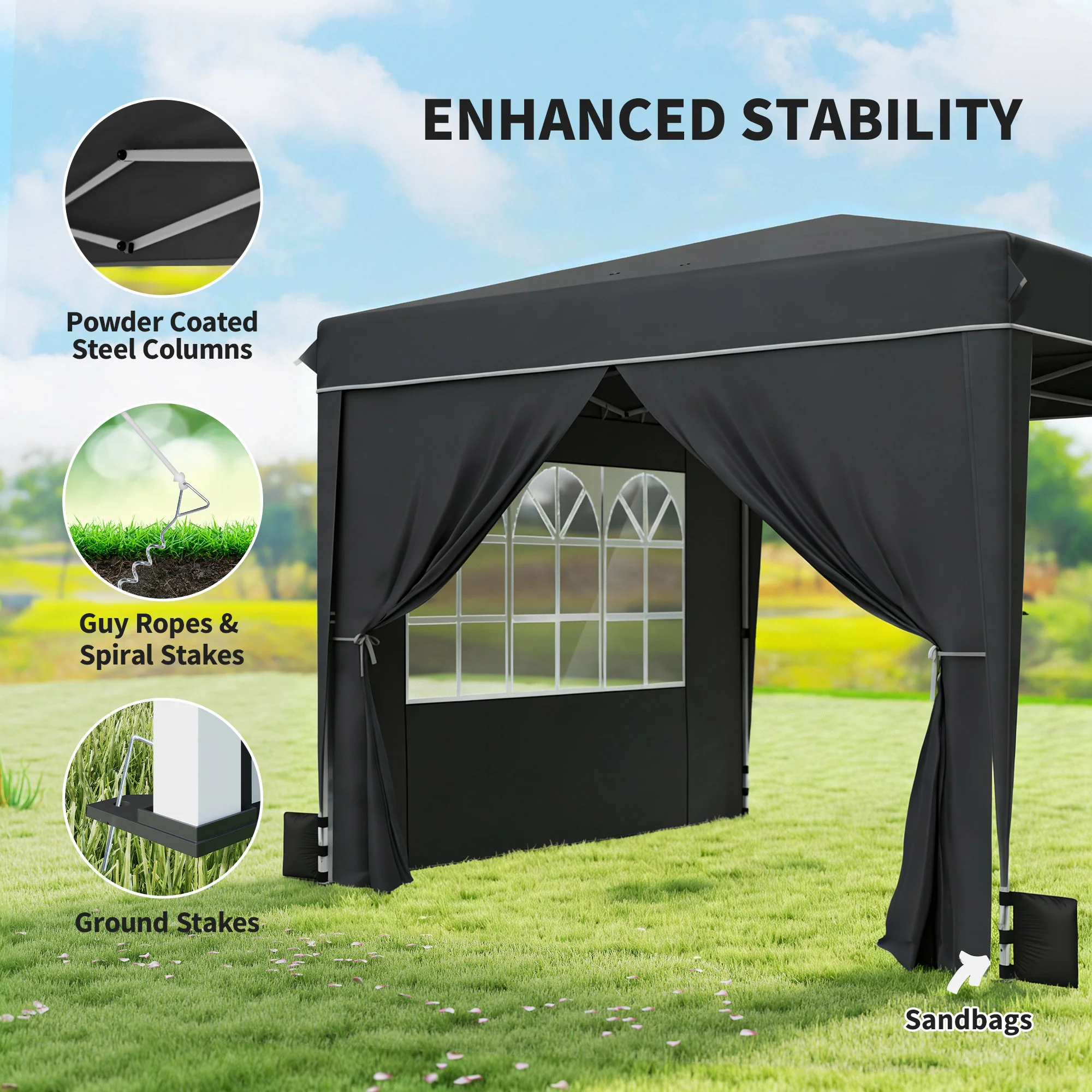 10 x 10 ft Pop Up Canopy Tent with Carry Bag, Sandbags, Adjustable Height for Parties, Events, Camping, UPF50+, Black - Image 9