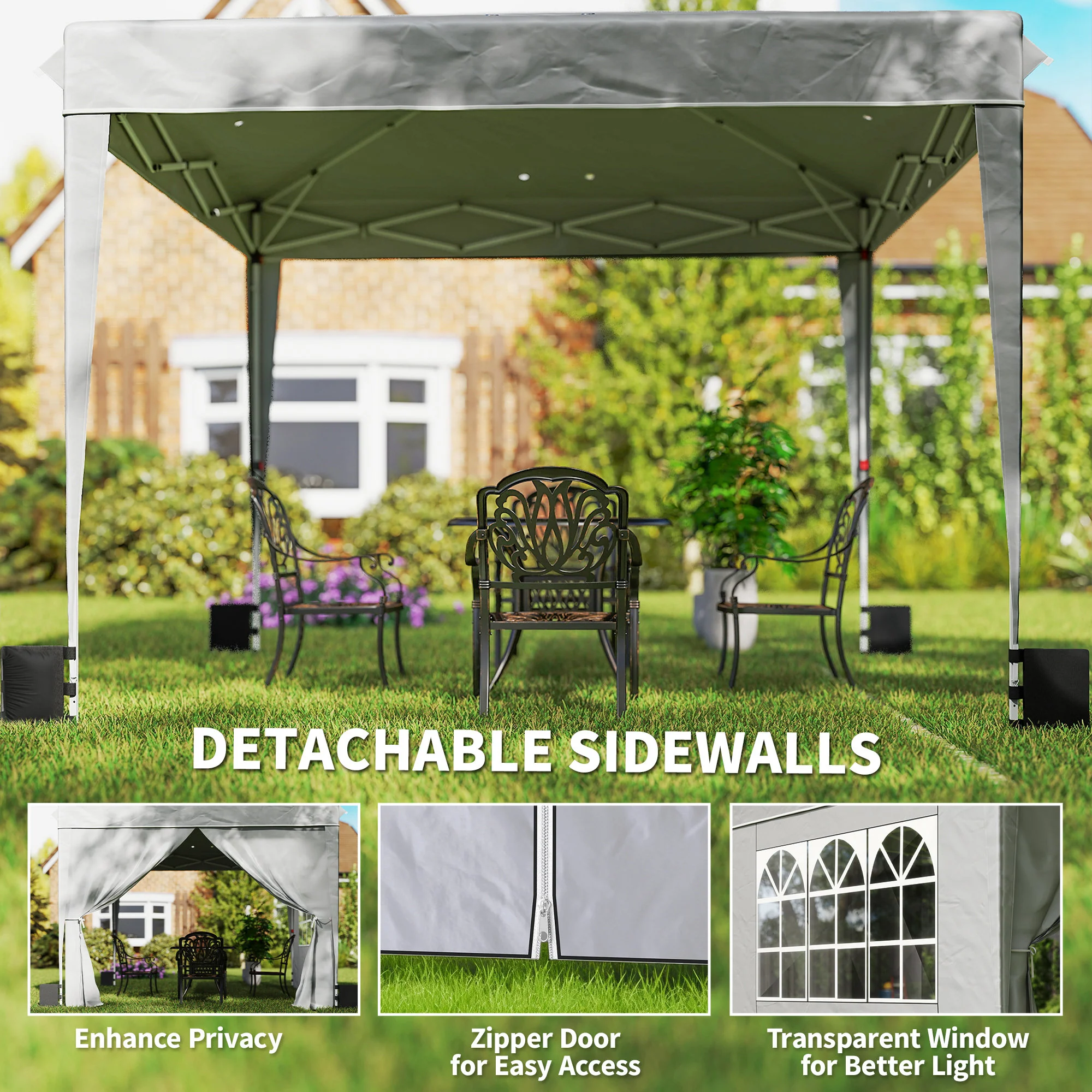 10 x 10 ft Pop Up Canopy Tent with Carry Bag, Sandbags, Adjustable Height for Parties, Events, Camping, UPF50+, Light Gray - Image 7