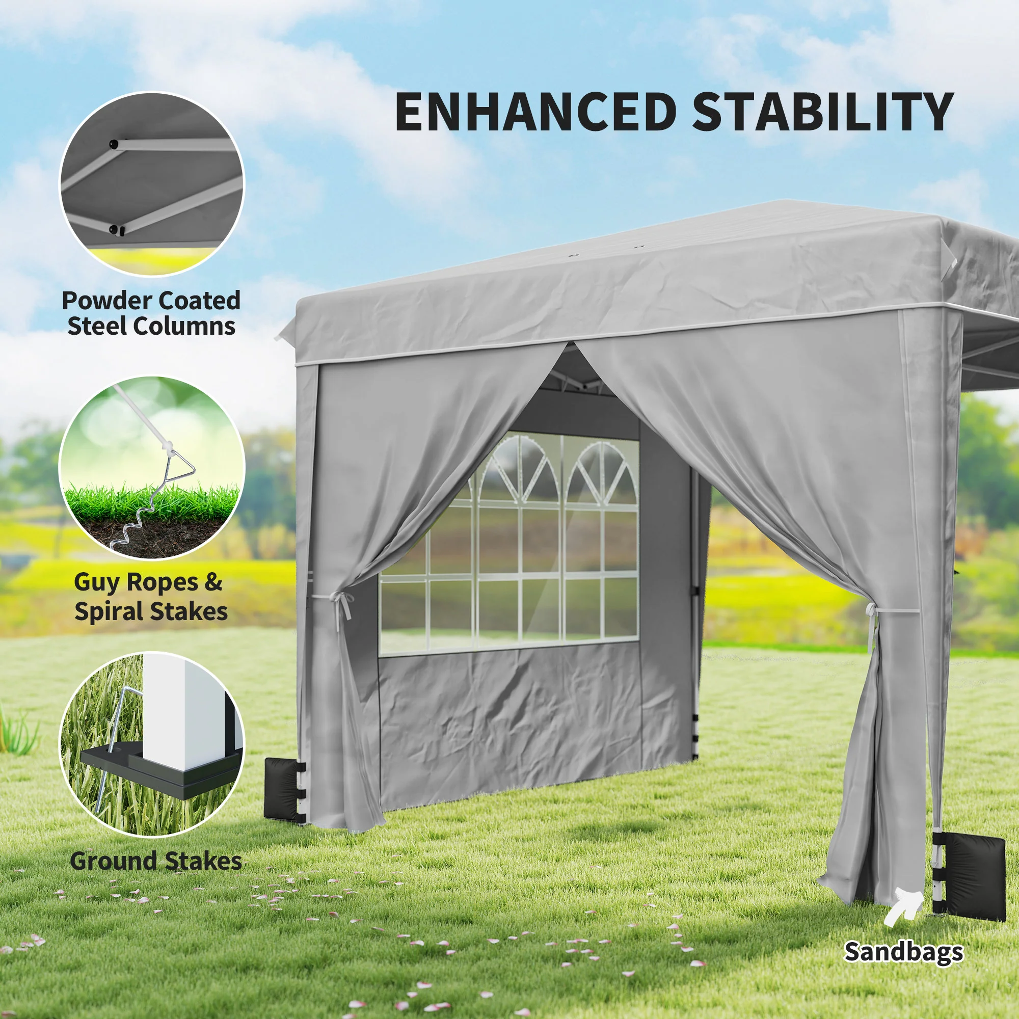 10 x 10 ft Pop Up Canopy Tent with Carry Bag, Sandbags, Adjustable Height for Parties, Events, Camping, UPF50+, Light Gray - Image 9