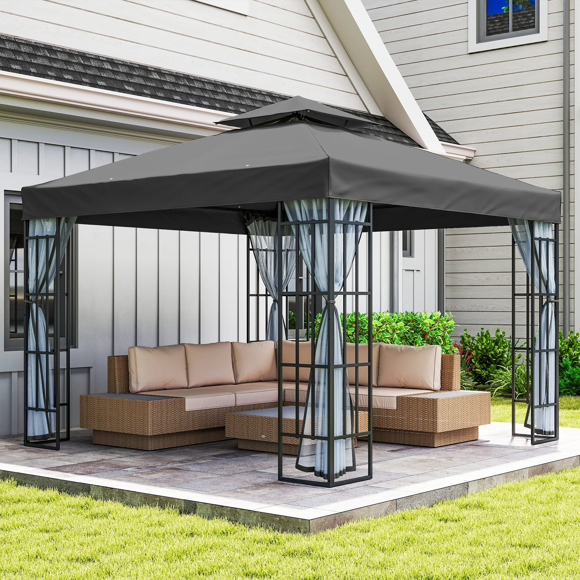 10'x10' Garden Gazebo Patio Canopy Portable Party Event Backyard w/ Mosquito Netting Dark Grey - Image 10