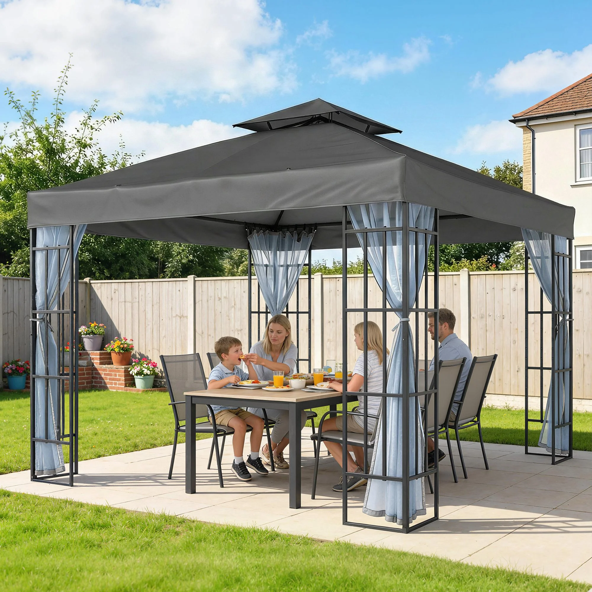 10'x10' Garden Gazebo Patio Canopy Portable Party Event Backyard w/ Mosquito Netting Dark Grey - Image 3