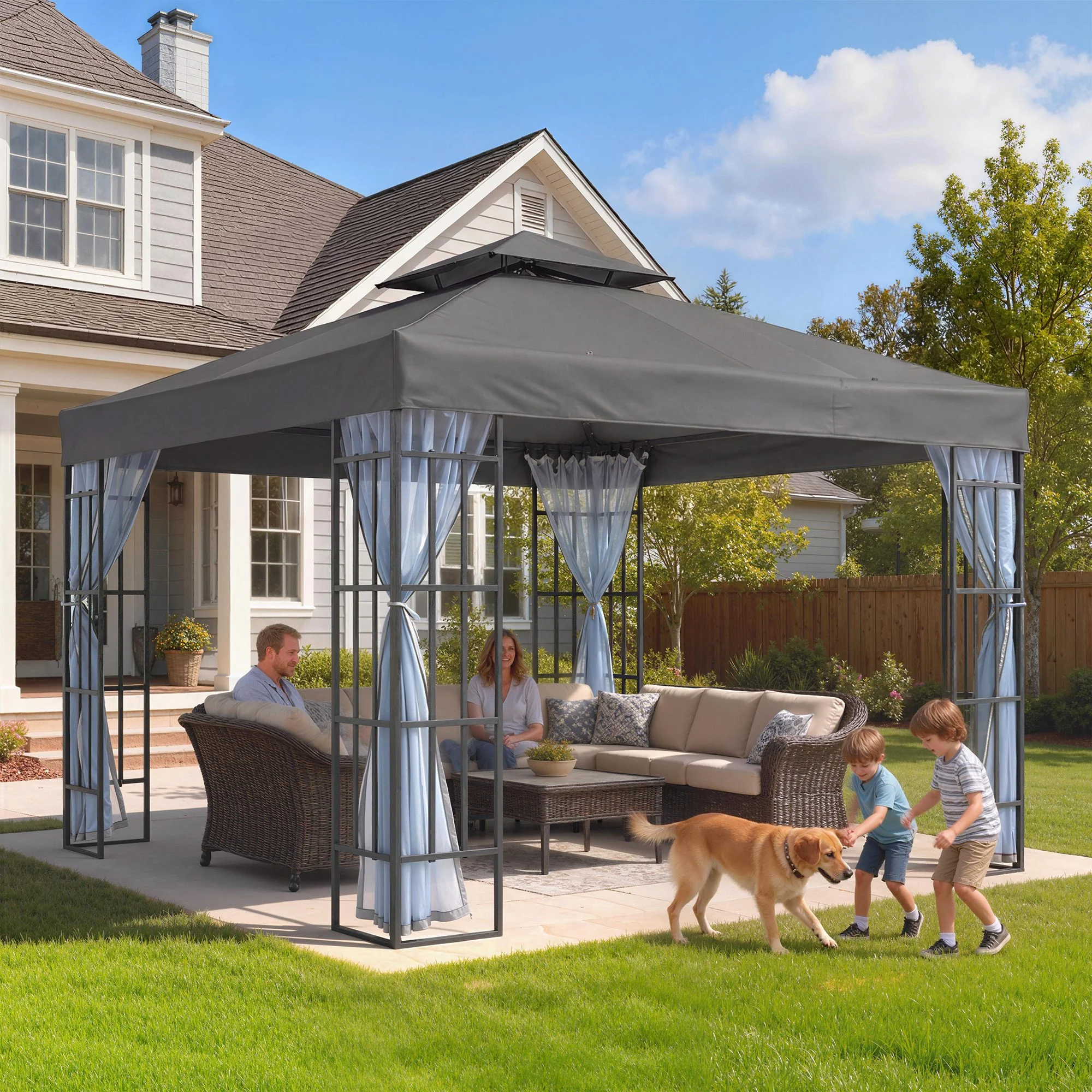 10'x10' Garden Gazebo Patio Canopy Portable Party Event Backyard w/ Mosquito Netting Dark Grey - Image 4