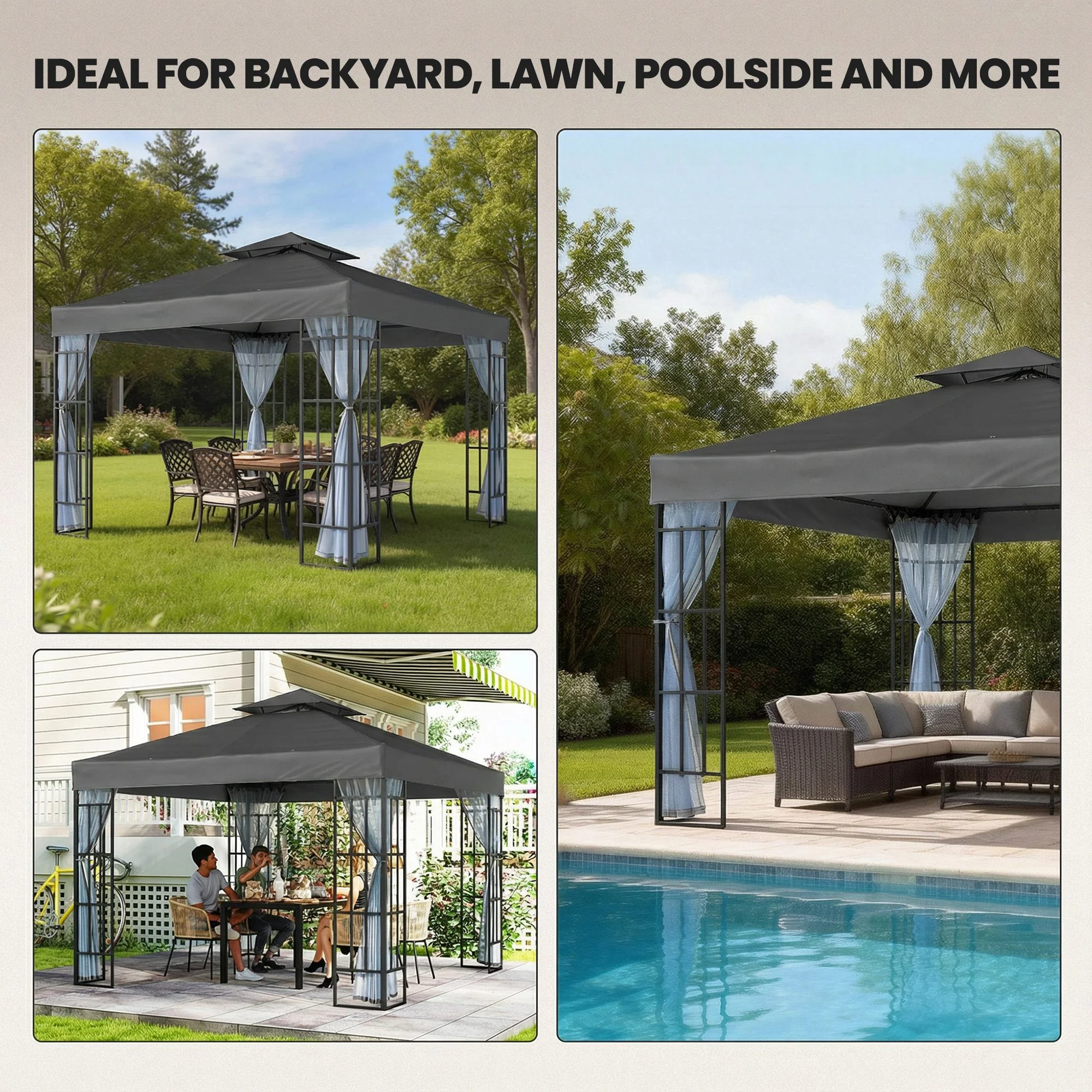 10'x10' Garden Gazebo Patio Canopy Portable Party Event Backyard w/ Mosquito Netting Dark Grey - Image 9