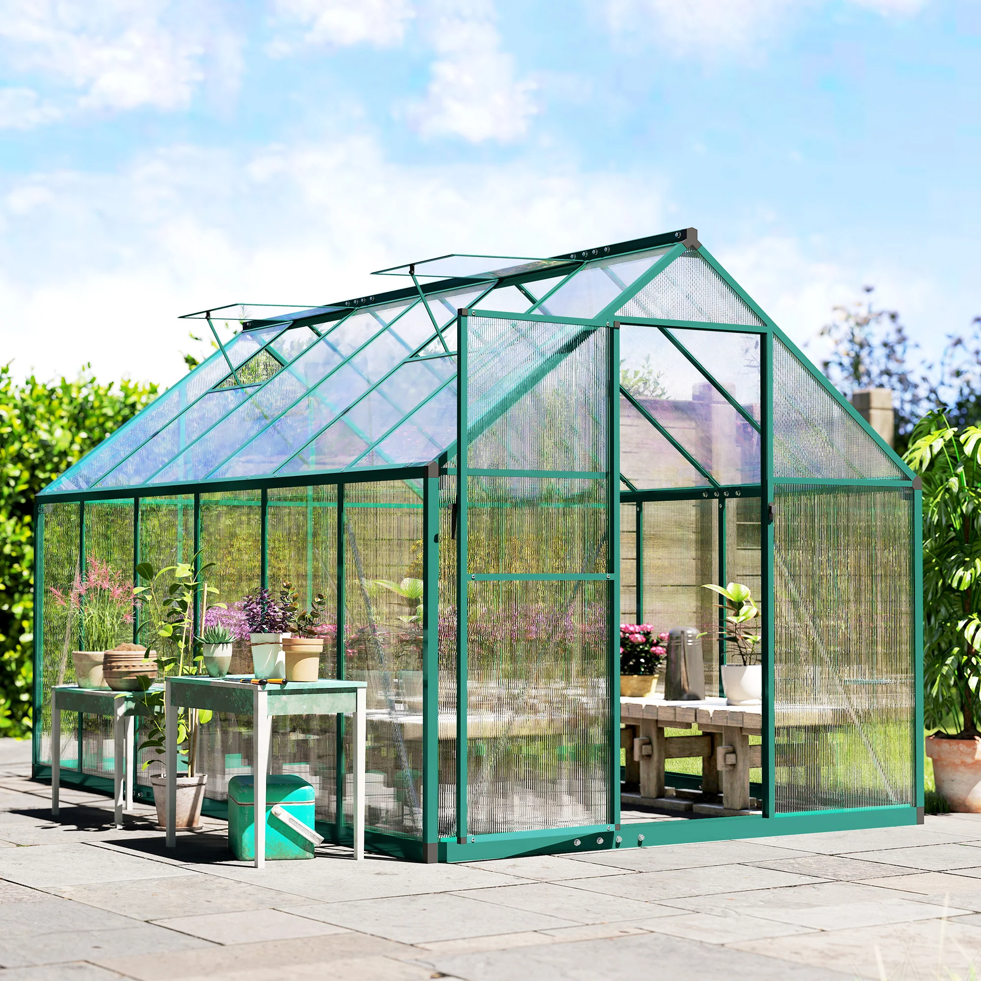 11x6 ft Polycarbonate Greenhouse with Swing Door and Two Adjustable Roof Vents, Dark Green - Image 10