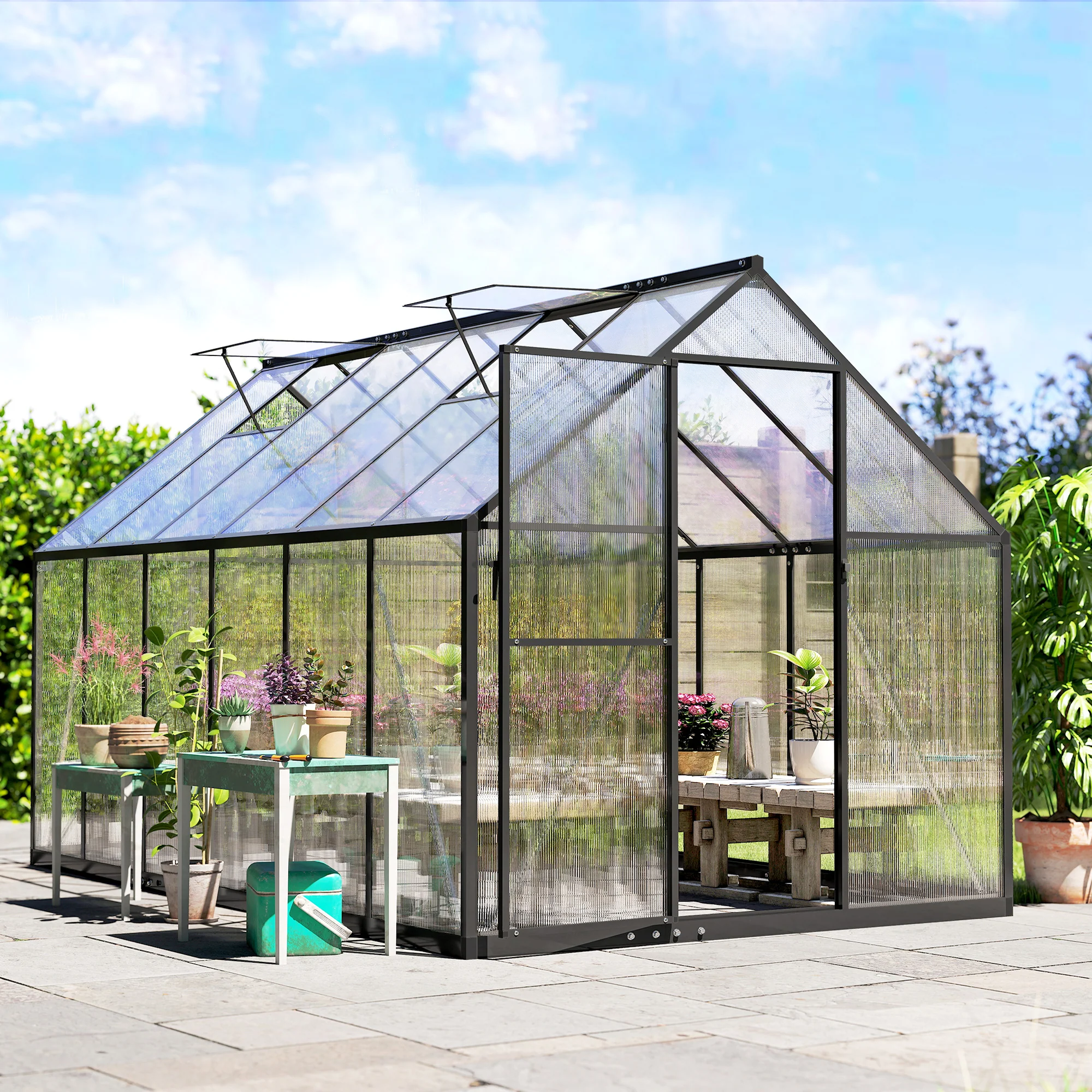11x6 ft Polycarbonate Greenhouse with Swing Door and Two Adjustable Roof Vents, Black - Image 10