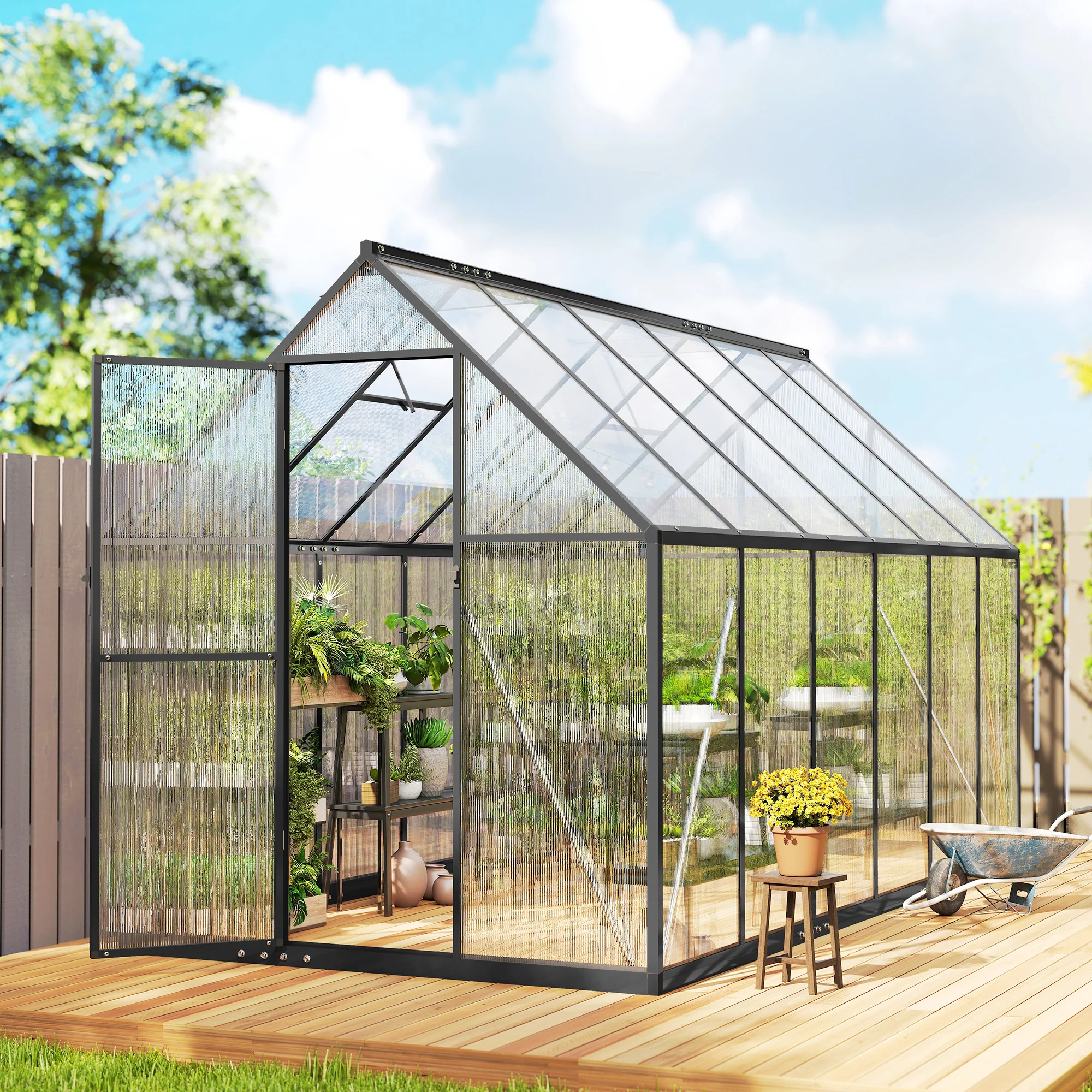 11x6 ft Polycarbonate Greenhouse with Swing Door and Two Adjustable Roof Vents, Black - Image 11