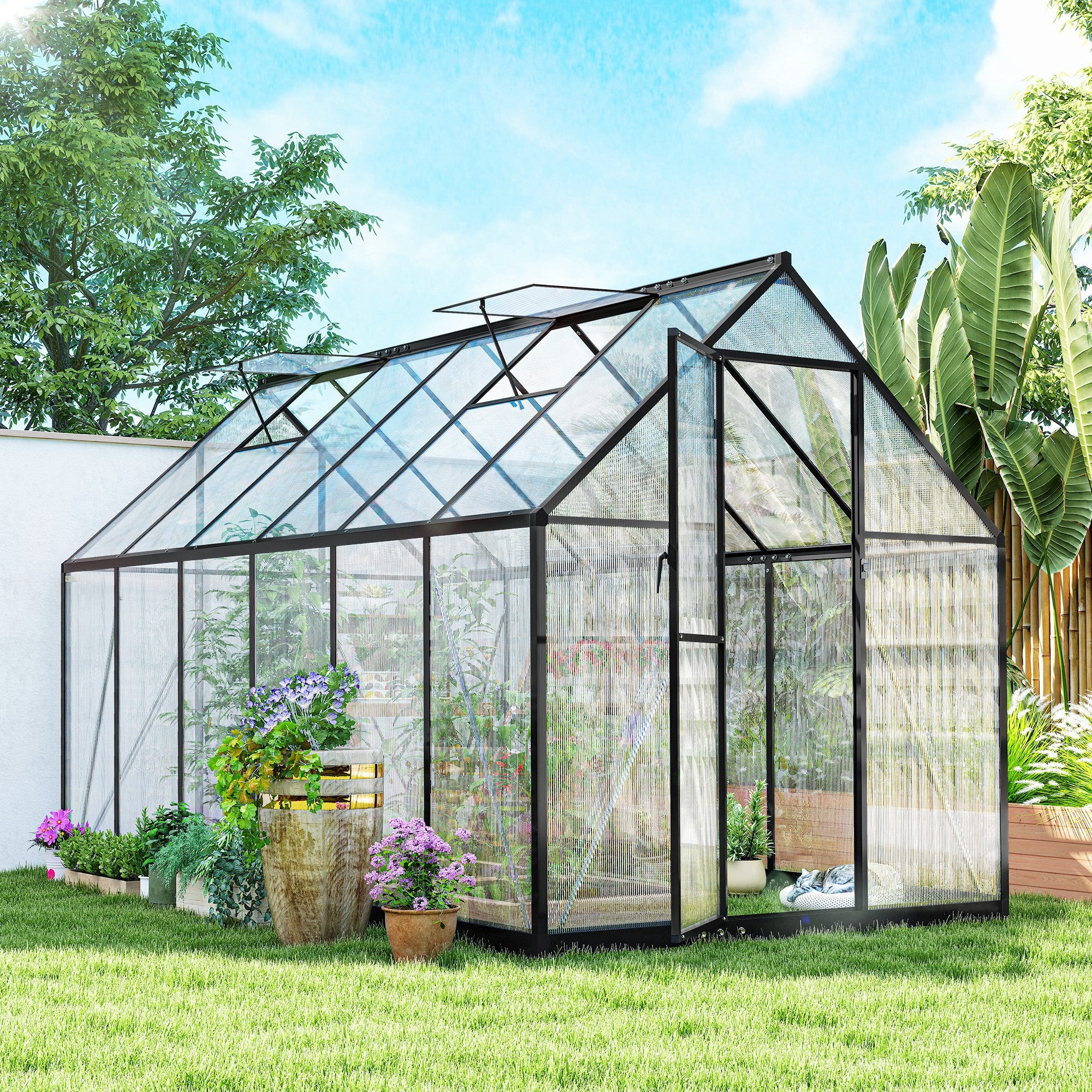 11x6 ft Polycarbonate Greenhouse with Swing Door and Two Adjustable Roof Vents, Black - Image 3