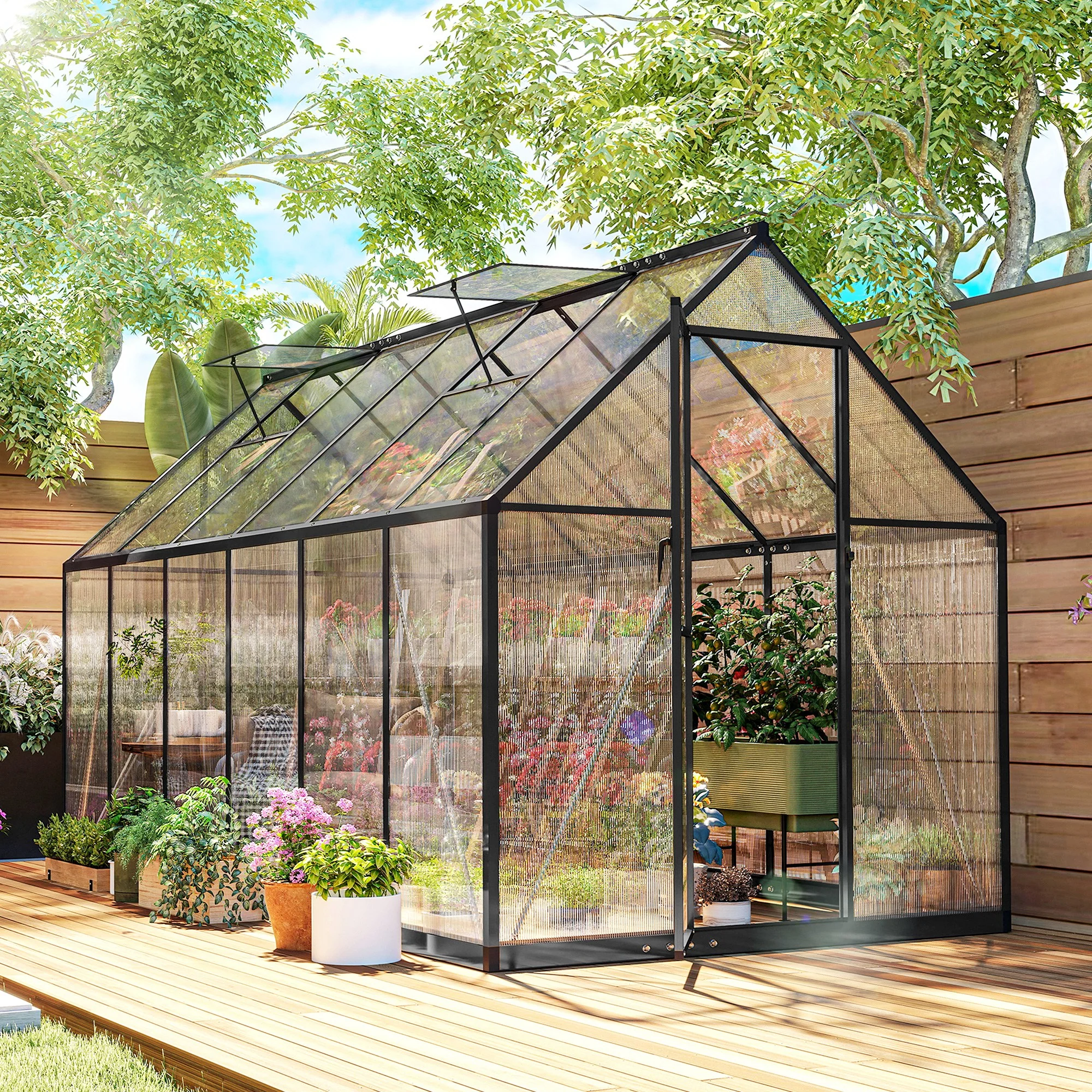 11x6 ft Polycarbonate Greenhouse with Swing Door and Two Adjustable Roof Vents, Black - Image 4
