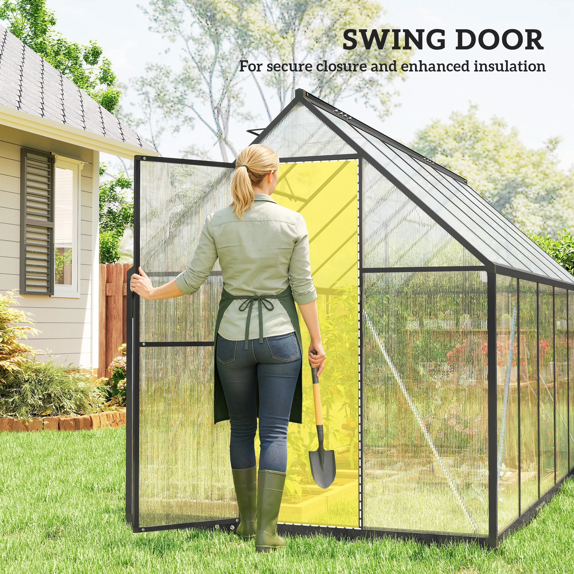 11x6 ft Polycarbonate Greenhouse with Swing Door and Two Adjustable Roof Vents, Black - Image 8