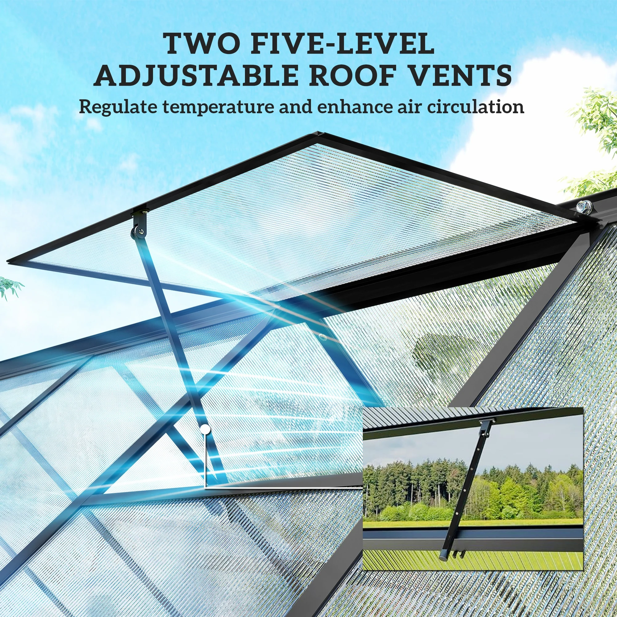 11x6 ft Polycarbonate Greenhouse with Swing Door and Two Adjustable Roof Vents, Black - Image 9