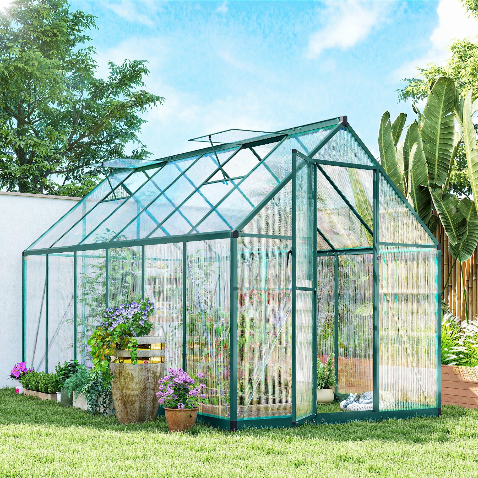 11x6 ft Polycarbonate Greenhouse with Swing Door and Two Adjustable Roof Vents, Dark Green - Image 3