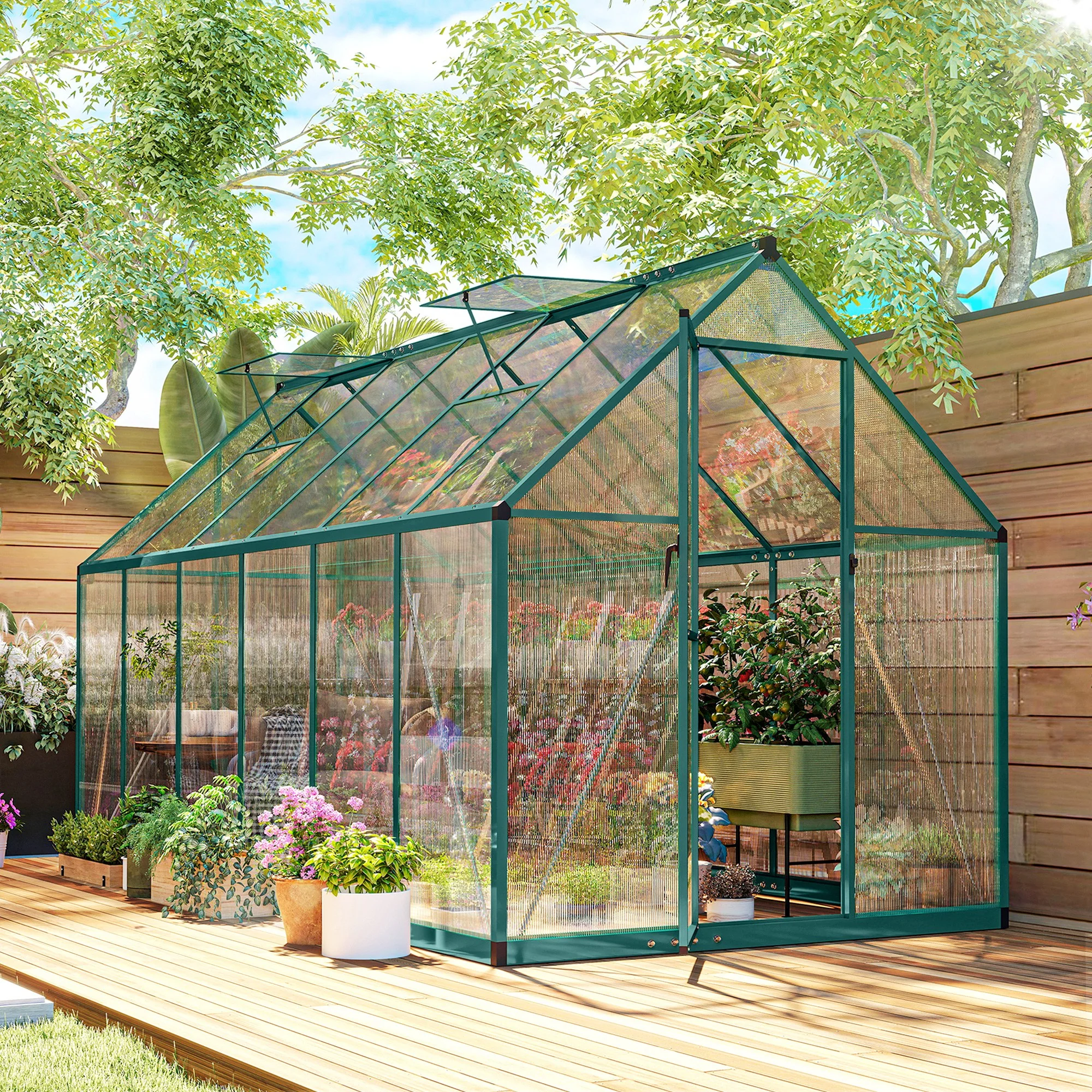 11x6 ft Polycarbonate Greenhouse with Swing Door and Two Adjustable Roof Vents, Dark Green - Image 4