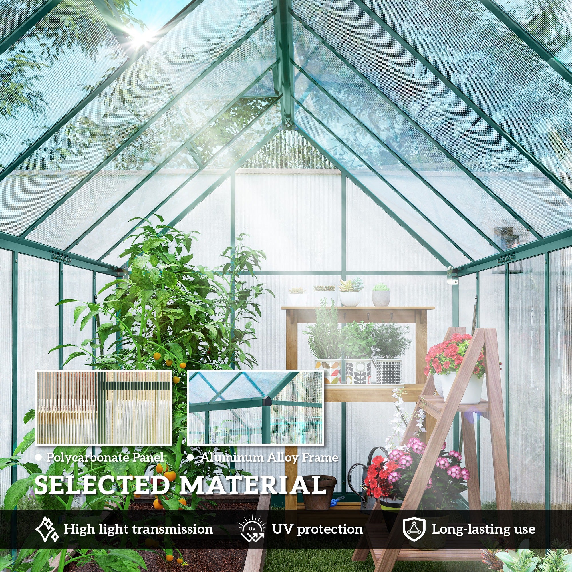 11x6 ft Polycarbonate Greenhouse with Swing Door and Two Adjustable Roof Vents, Dark Green - Image 7