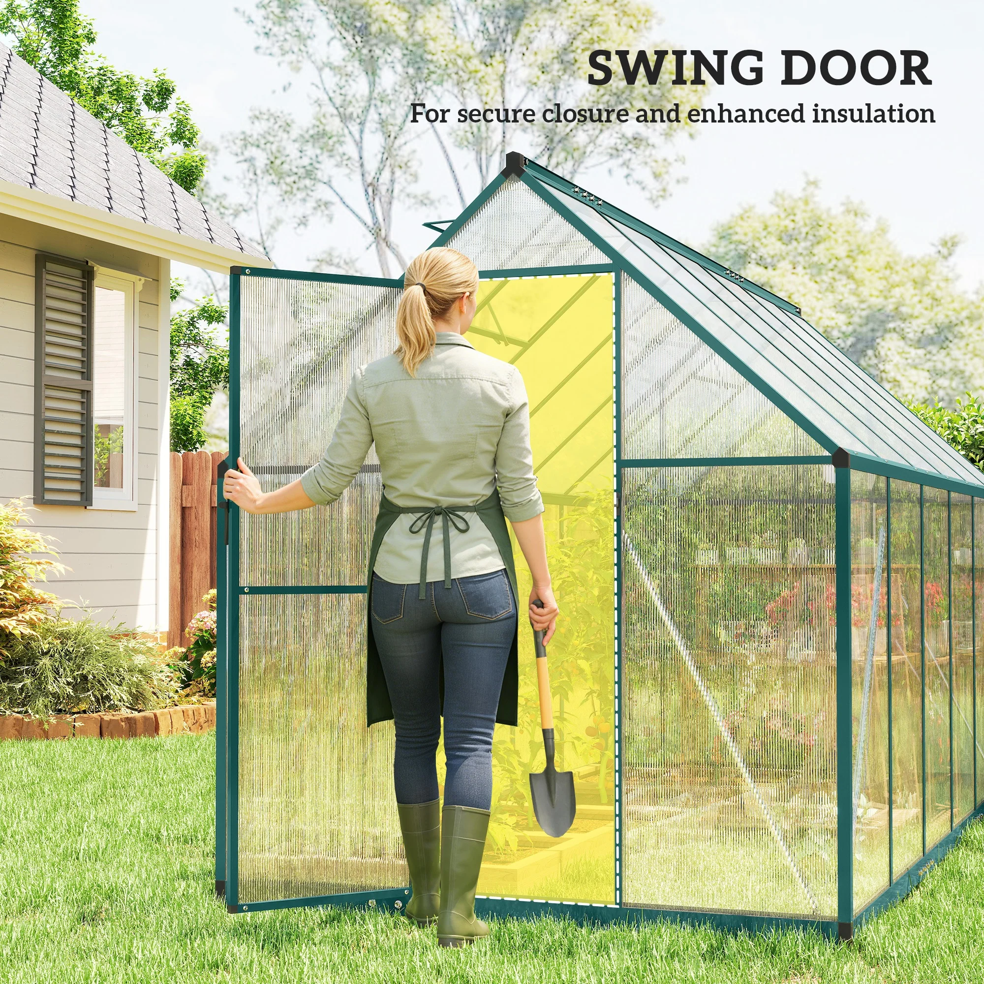 11x6 ft Polycarbonate Greenhouse with Swing Door and Two Adjustable Roof Vents, Dark Green - Image 8