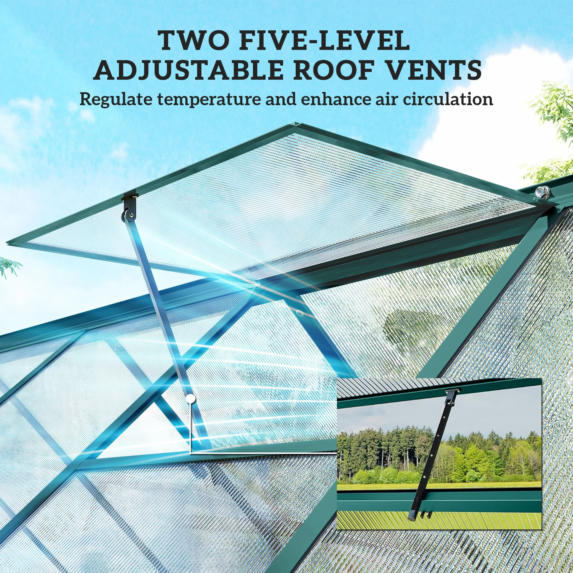 11x6 ft Polycarbonate Greenhouse with Swing Door and Two Adjustable Roof Vents, Dark Green - Image 9