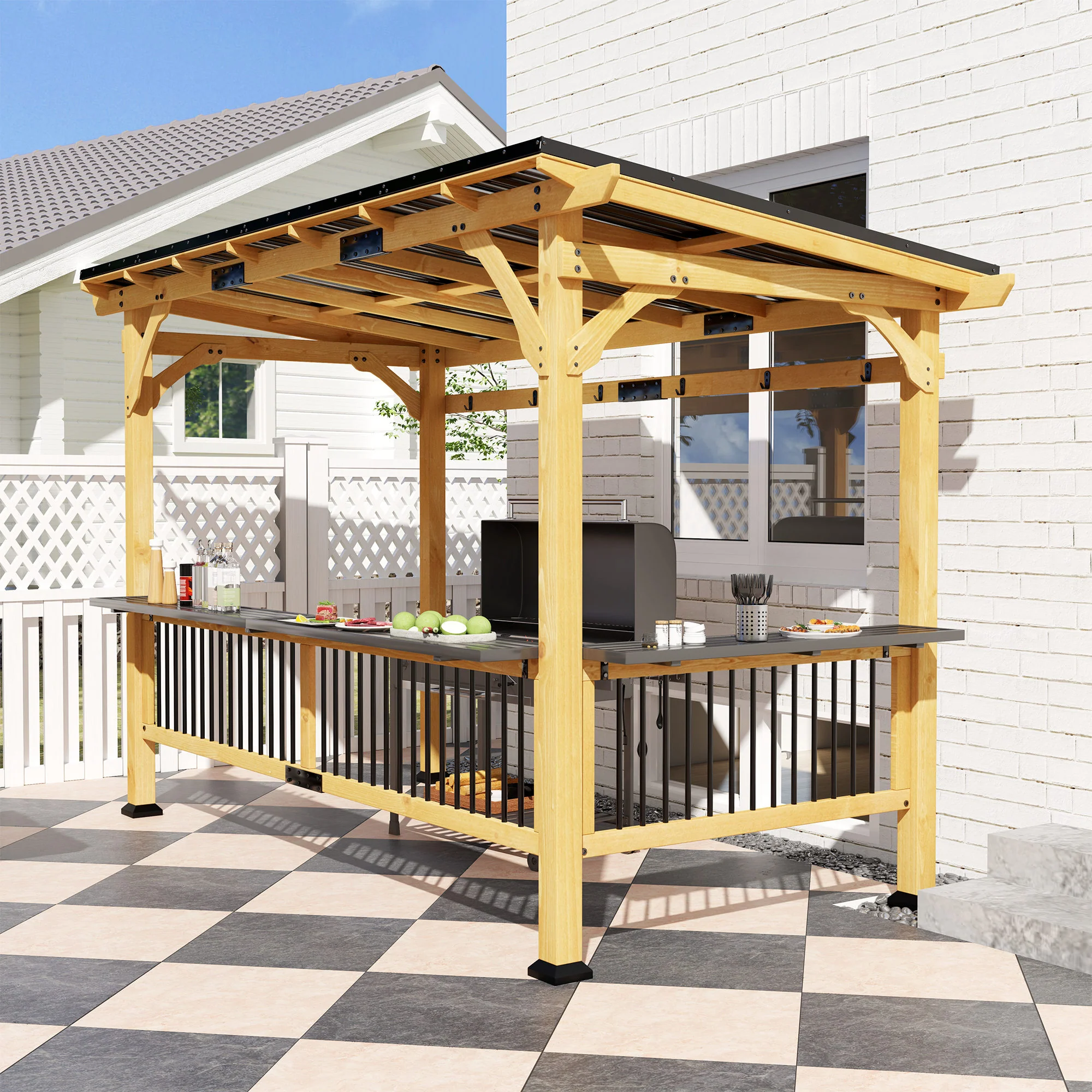 13' x 6' Wooden BBQ Grill Gazebo with Metal Roof 2 Bar Shelves and 6 Hooks, Natural - Image 10