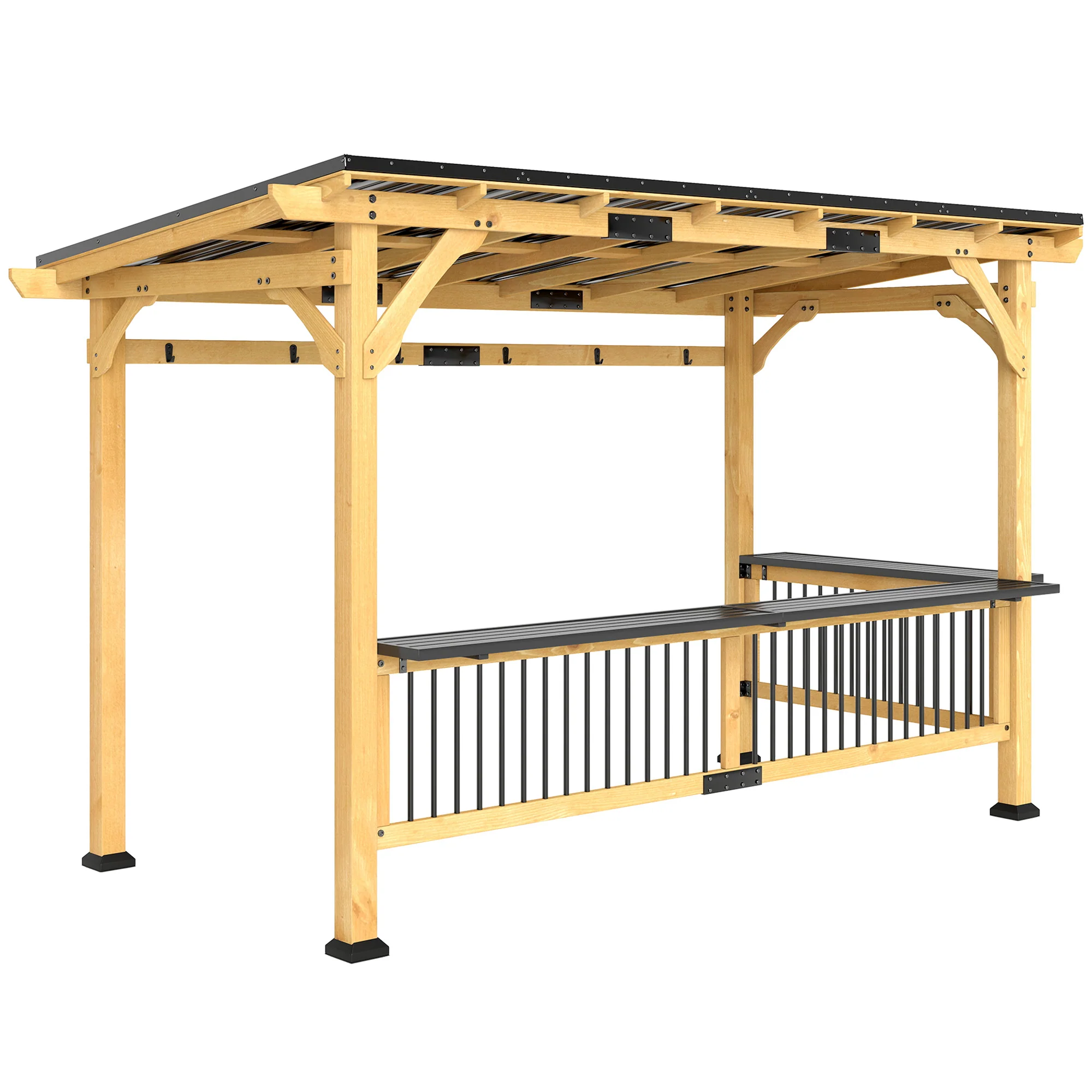 13' x 6' Wooden BBQ Grill Gazebo with Metal Roof 2 Bar Shelves and 6 Hooks, Natural - Image 12