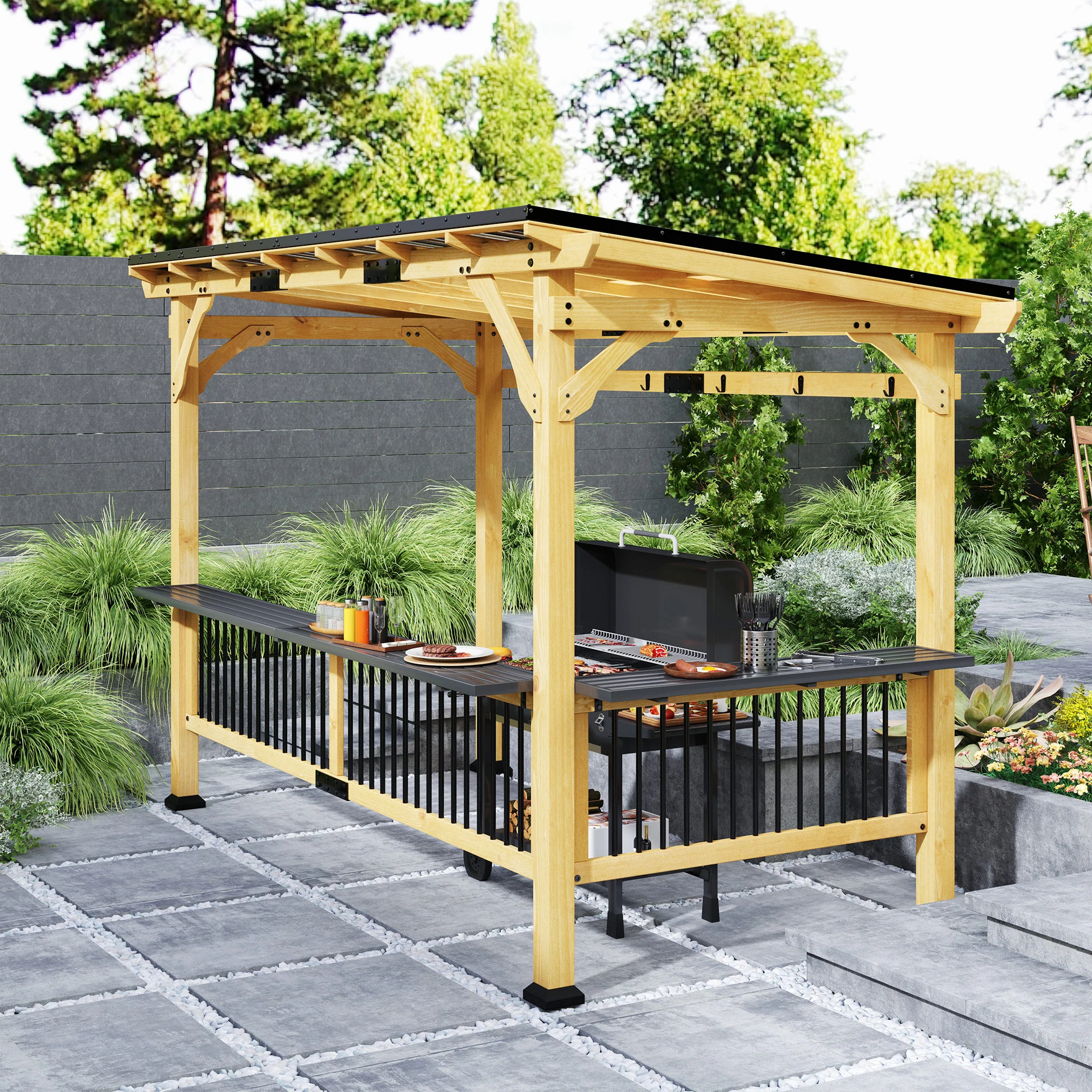 13' x 6' Wooden BBQ Grill Gazebo with Metal Roof 2 Bar Shelves and 6 Hooks, Natural - Image 3