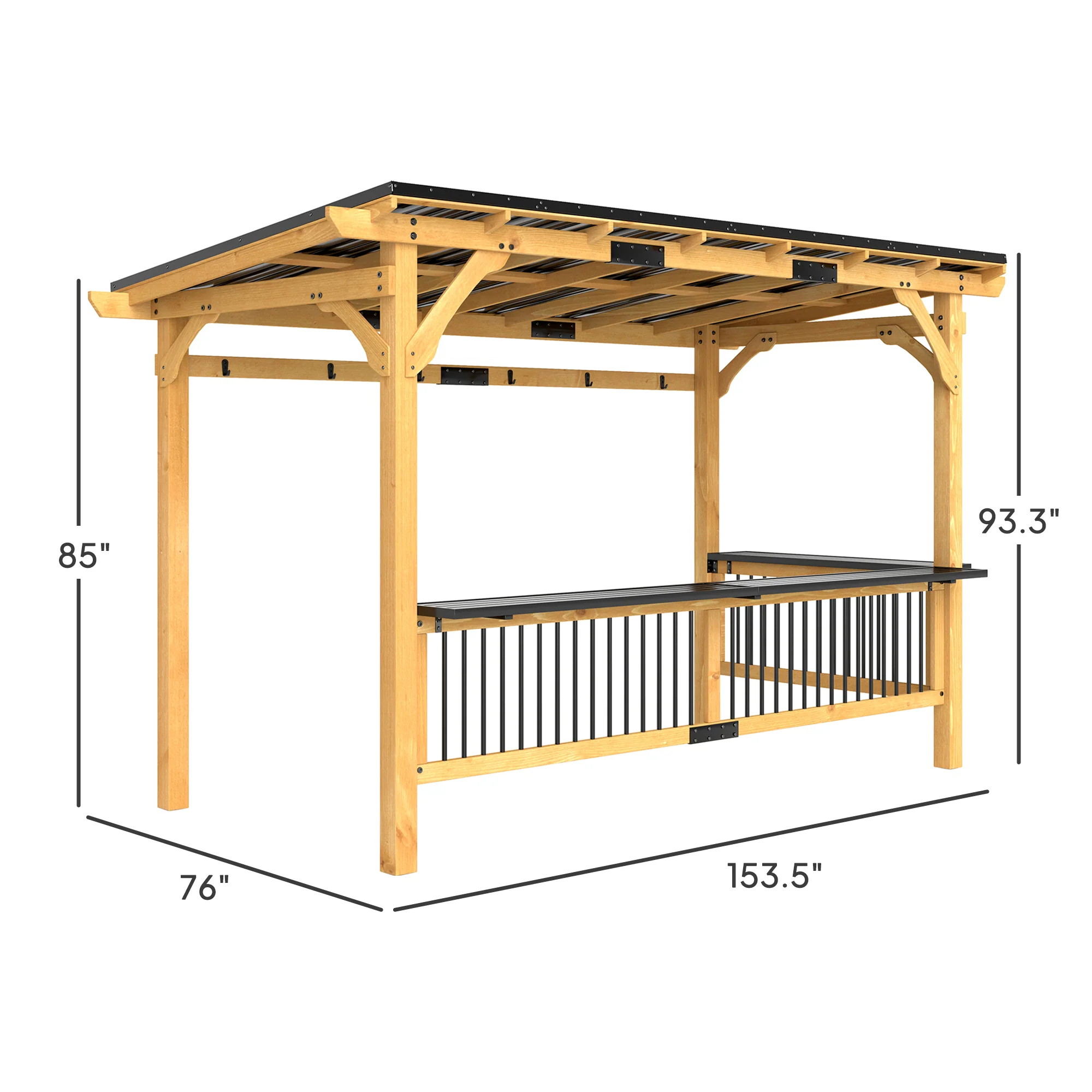 13' x 6' Wooden BBQ Grill Gazebo with Metal Roof 2 Bar Shelves and 6 Hooks, Natural - Image 5