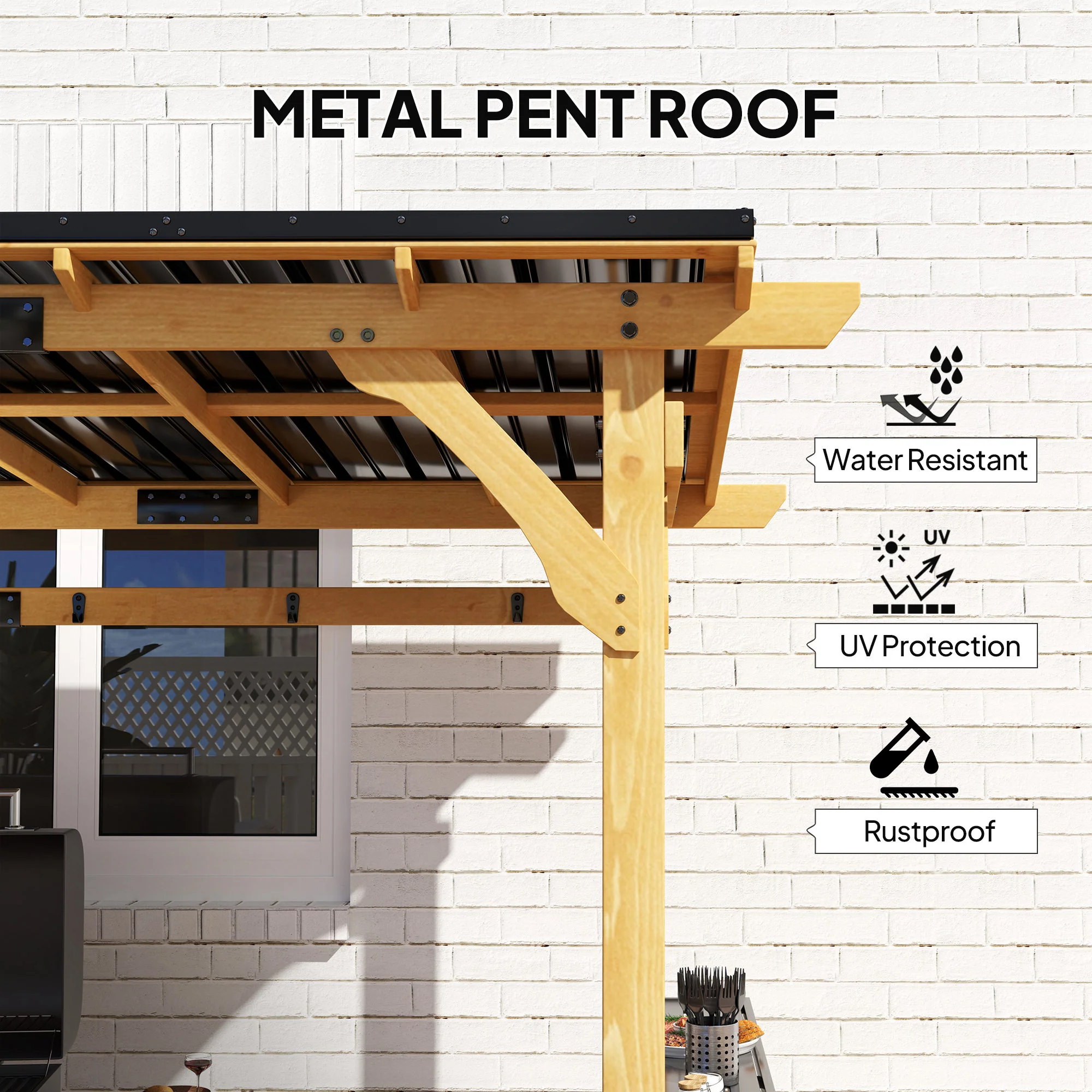 13' x 6' Wooden BBQ Grill Gazebo with Metal Roof 2 Bar Shelves and 6 Hooks, Natural - Image 6