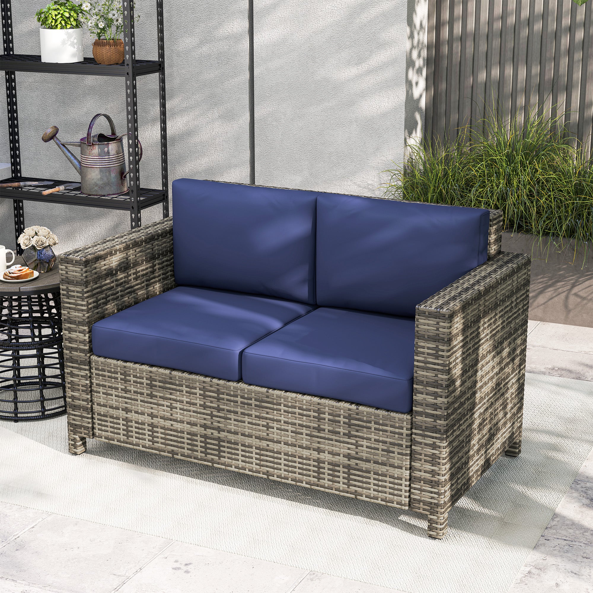 Wicker Outdoor Sofa, All Weather Patio Couch Loveseat with Cushions for Balcony, Deck, Garden, Poolside, Dark Blue - Image 11