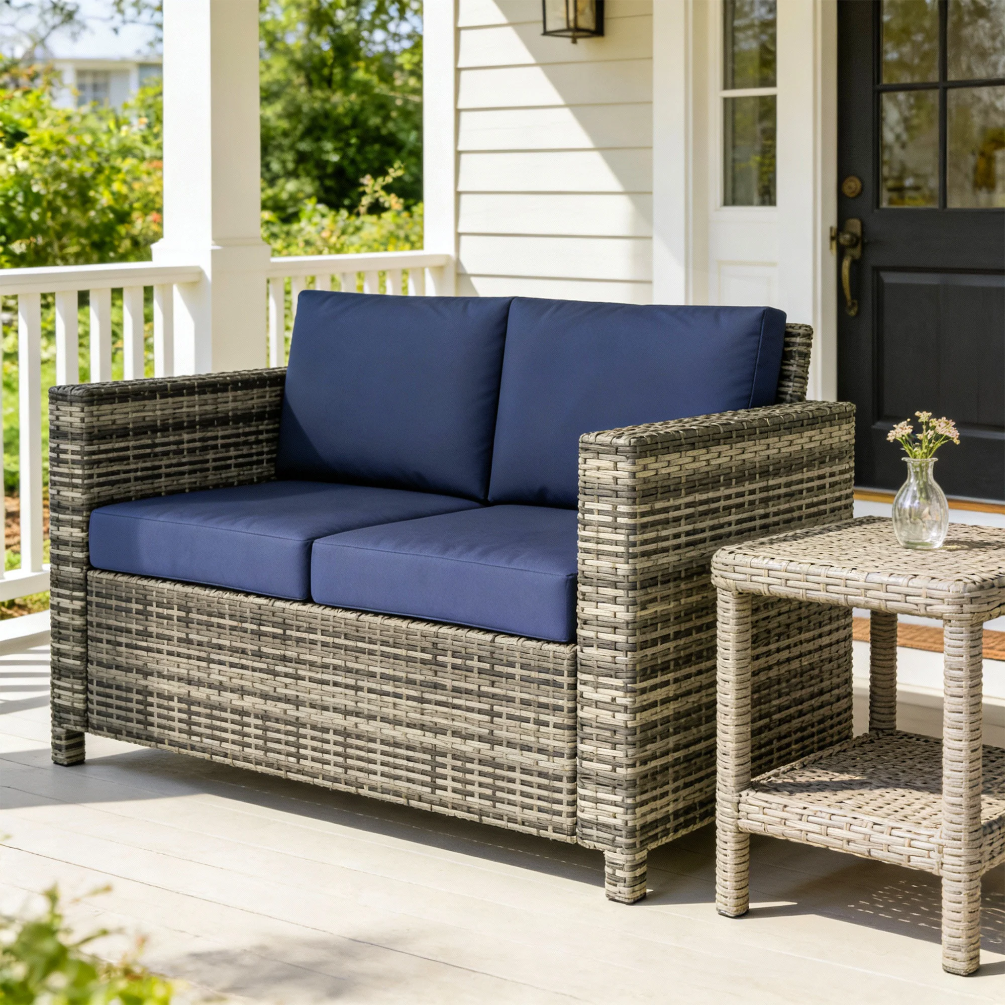 Wicker Outdoor Sofa, All Weather Patio Couch Loveseat with Cushions for Balcony, Deck, Garden, Poolside, Dark Blue - Image 3