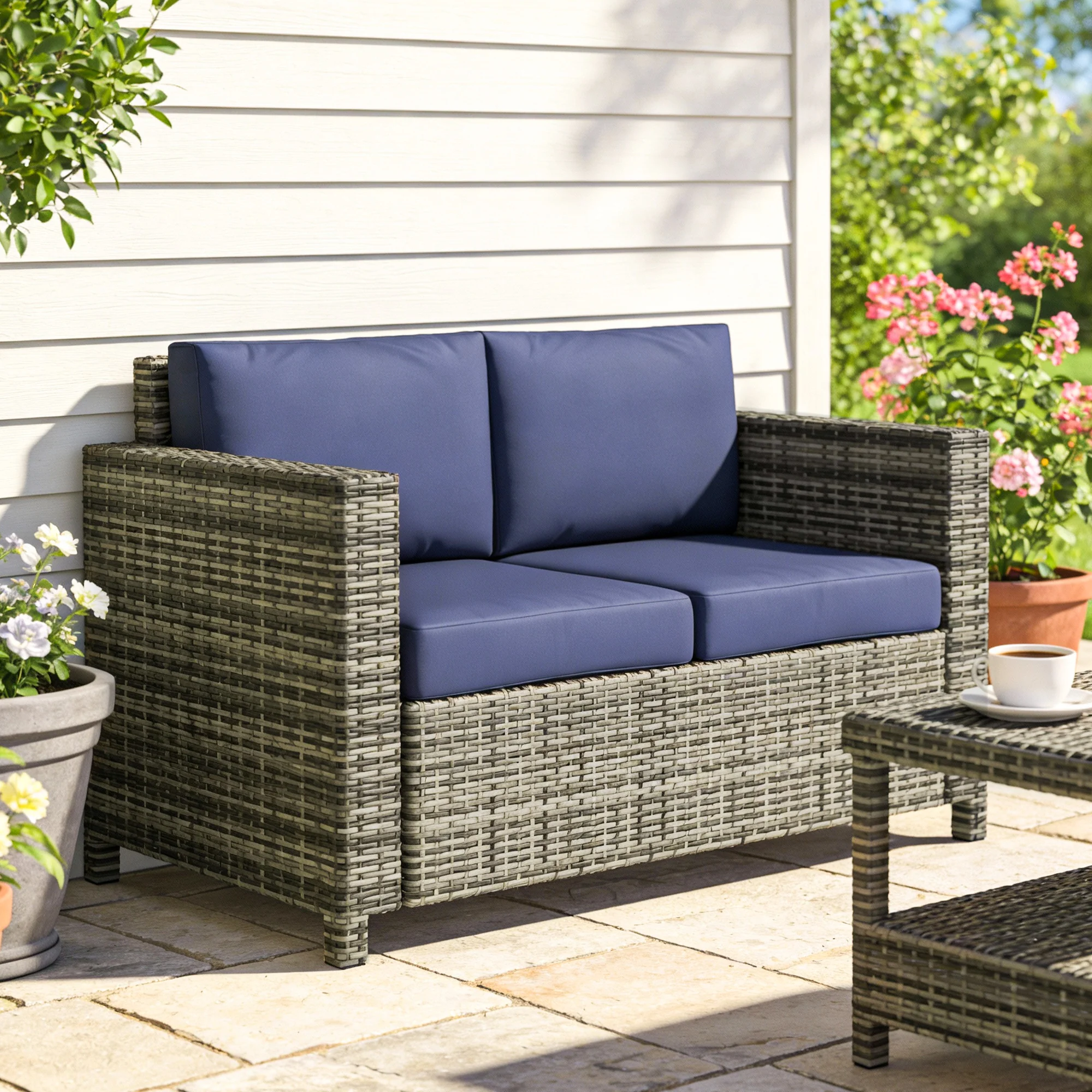 Wicker Outdoor Sofa, All Weather Patio Couch Loveseat with Cushions for Balcony, Deck, Garden, Poolside, Dark Blue - Image 4