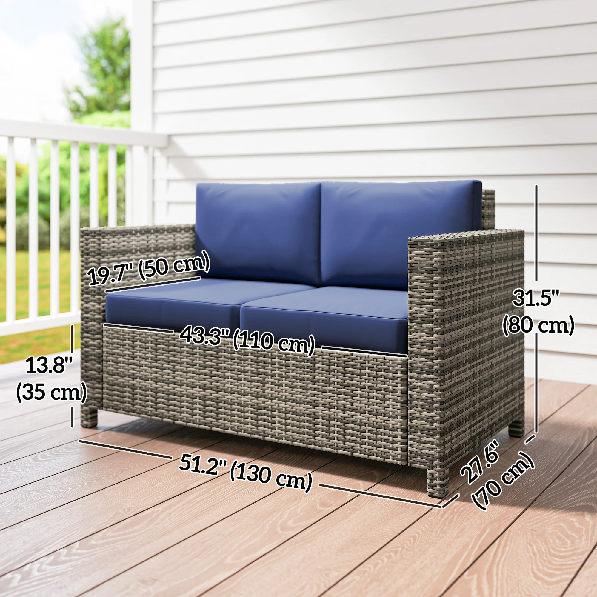 Wicker Outdoor Sofa, All Weather Patio Couch Loveseat with Cushions for Balcony, Deck, Garden, Poolside, Dark Blue - Image 5