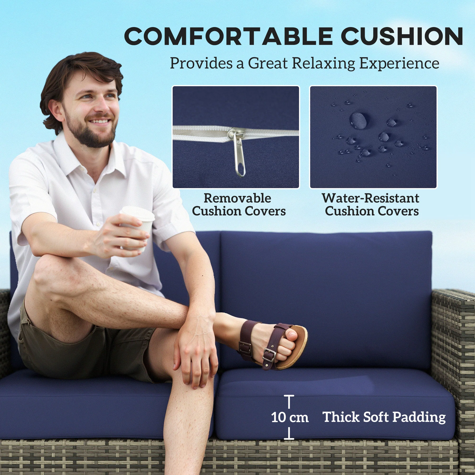 Wicker Outdoor Sofa, All Weather Patio Couch Loveseat with Cushions for Balcony, Deck, Garden, Poolside, Dark Blue - Image 7