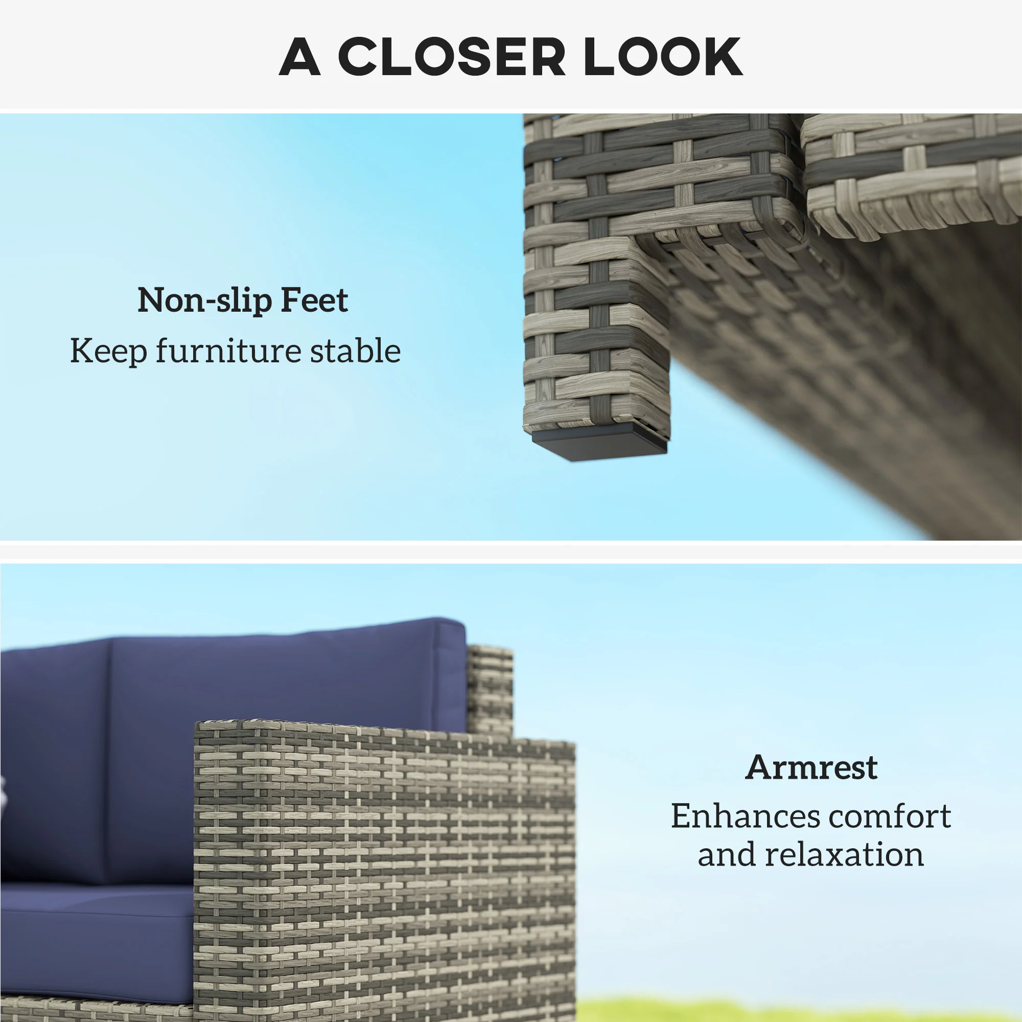 Wicker Outdoor Sofa, All Weather Patio Couch Loveseat with Cushions for Balcony, Deck, Garden, Poolside, Dark Blue - Image 8