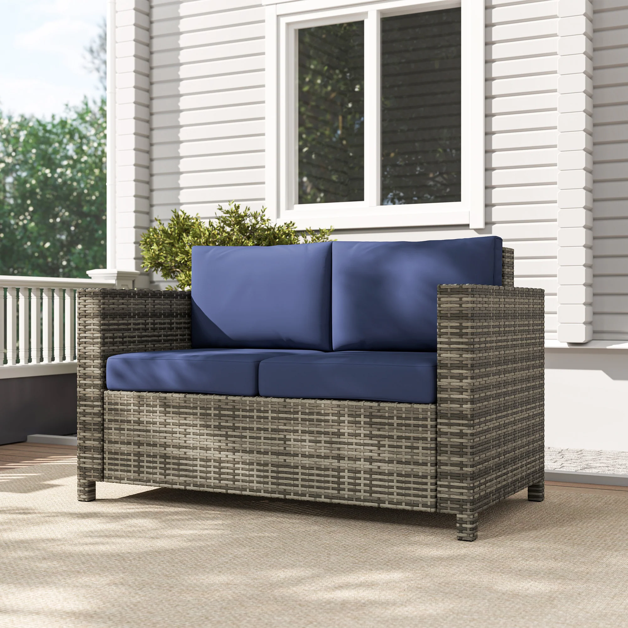 Wicker Outdoor Sofa, All Weather Patio Couch Loveseat with Cushions for Balcony, Deck, Garden, Poolside, Dark Blue - Image 9
