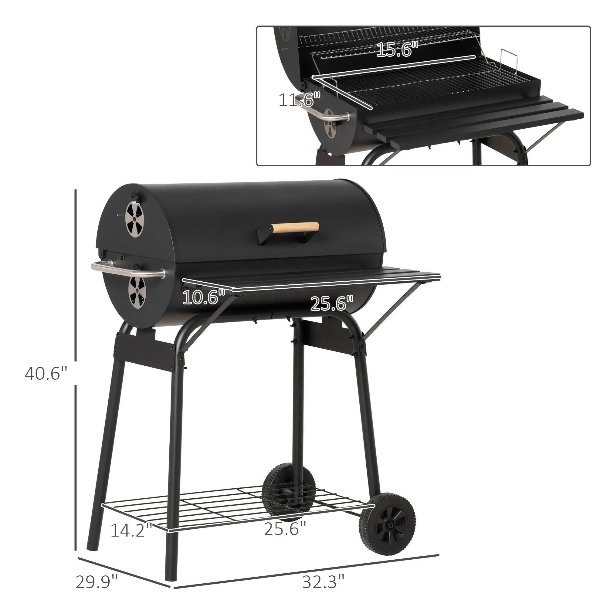 30" Portable Barrel Charcoal BBQ Grill with Storage Shelf for Garden Camping Picnic, Black - Image 5
