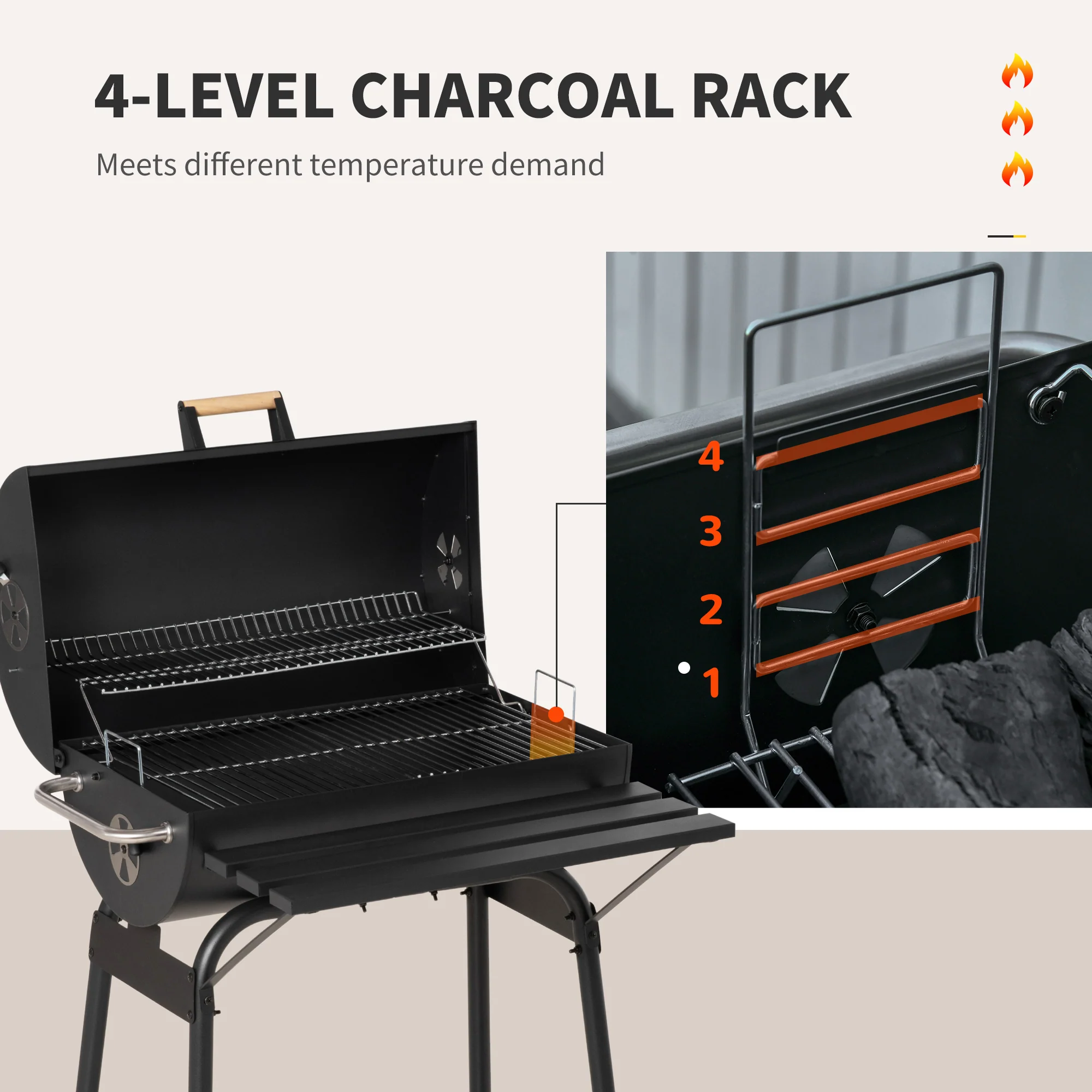 30" Portable Barrel Charcoal BBQ Grill with Storage Shelf for Garden Camping Picnic, Black - Image 7